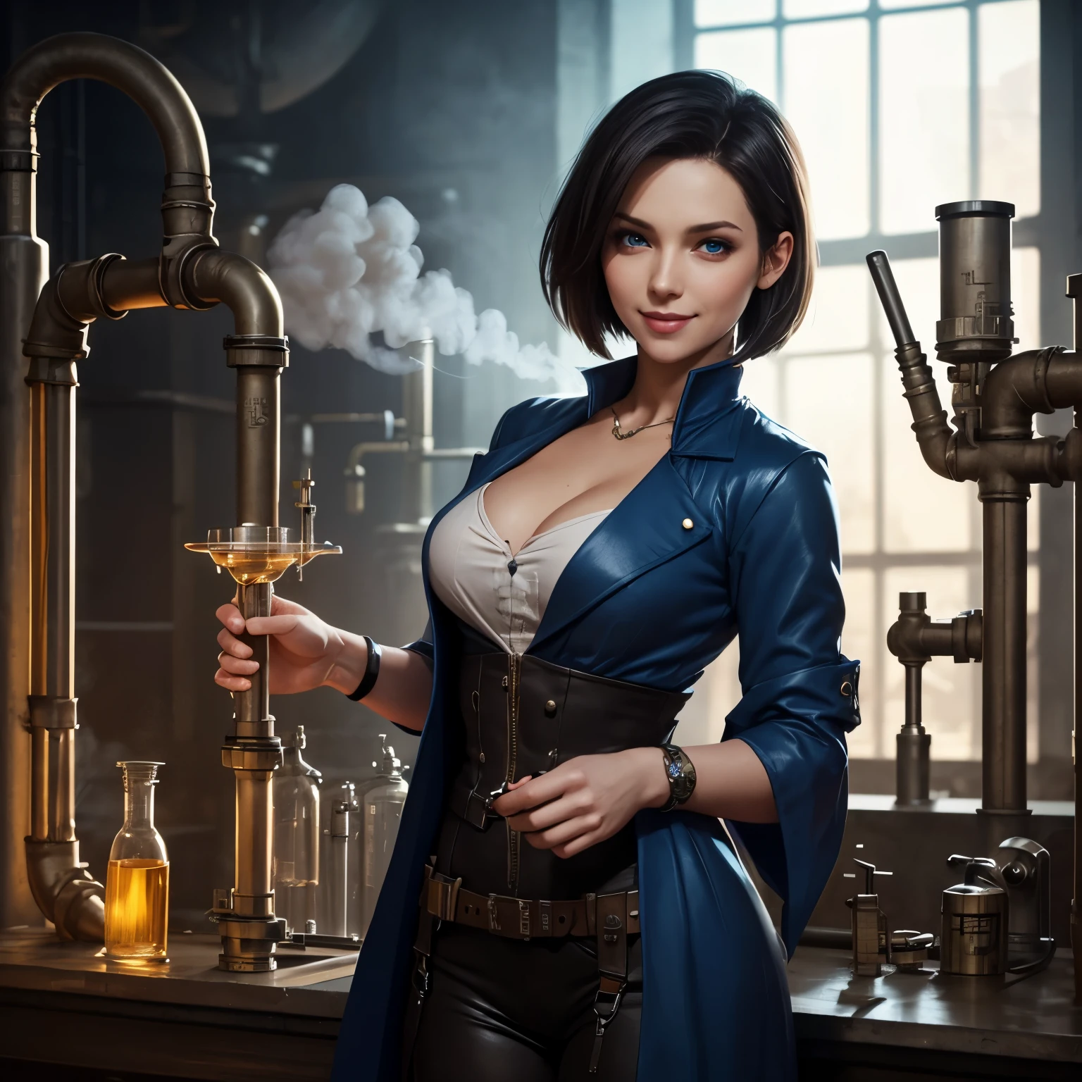 Jill Valentine, blue eyes, short straight hair, cute, torso tilted, confident smile, flowing wizard robes, magical, alchemy tower, steam punk, pipes in background, laboratory,