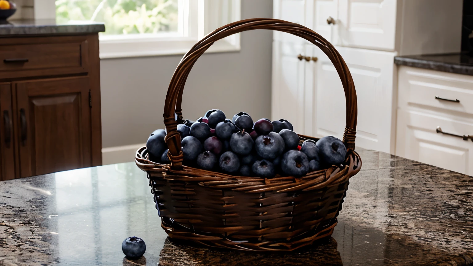 basket with blueberries on a dark stone table, kitchen background