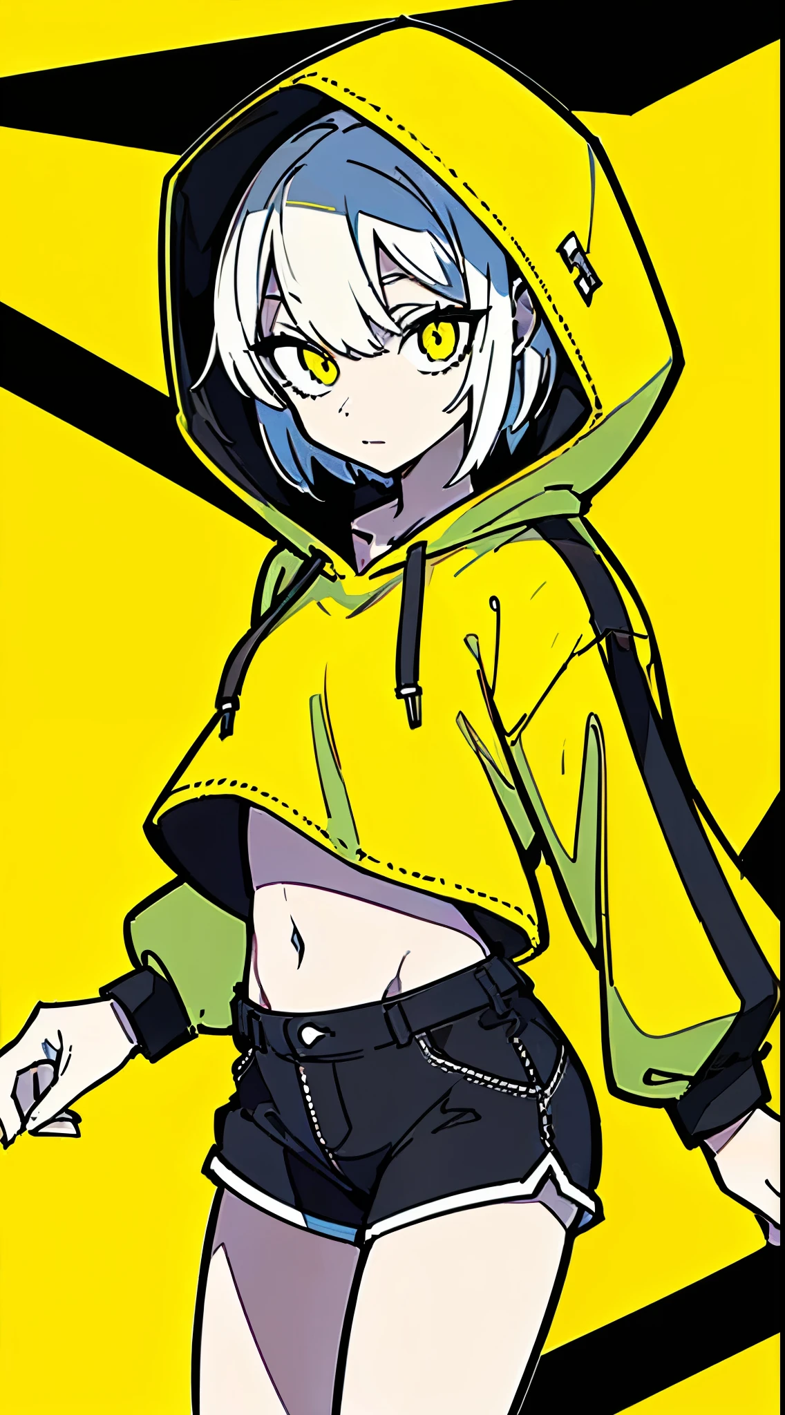 (masterpiece, highest quality:1.6), alone, thick outline, (simple background, Dark yellow background, monochrome, dark yellow theme:1.2), official art, Key Visual, 8K, disorganized, whole body, (Unique hair, Oversized Hoodies, hot pants, arch back, short torso:1.2), belly button, thighs, cowboy shot, HDR, sharp focus, High resolution, most detailed, very detailed, Super detailed, finely, detailed eyes and face, sharp pupils, realistic student
