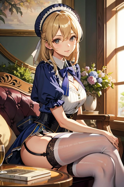 garter belt、beautiful mature woman、face forward、Sit with one leg raised、Upper body