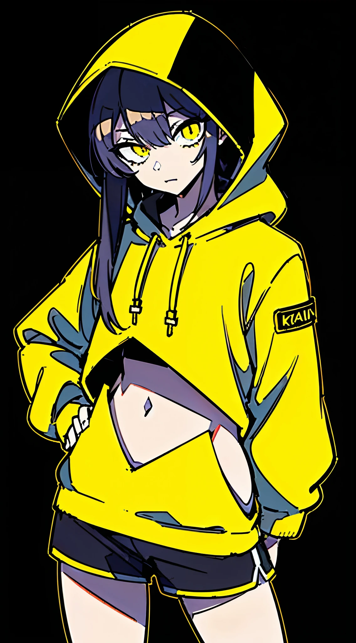 (masterpiece, highest quality:1.6), alone, thick outline, (simple background, Dark yellow background, monochrome, dark yellow theme:1.2), official art, Key Visual, 8K, disorganized, whole body, (Unique hair, Oversized Hoodies, , arch back, short torso:1.2), belly button, thighs, cowboy shot, HDR, sharp focus, High resolution, most detailed, very detailed, Super detailed, finely, detailed eyes and face, sharp pupils, realistic student