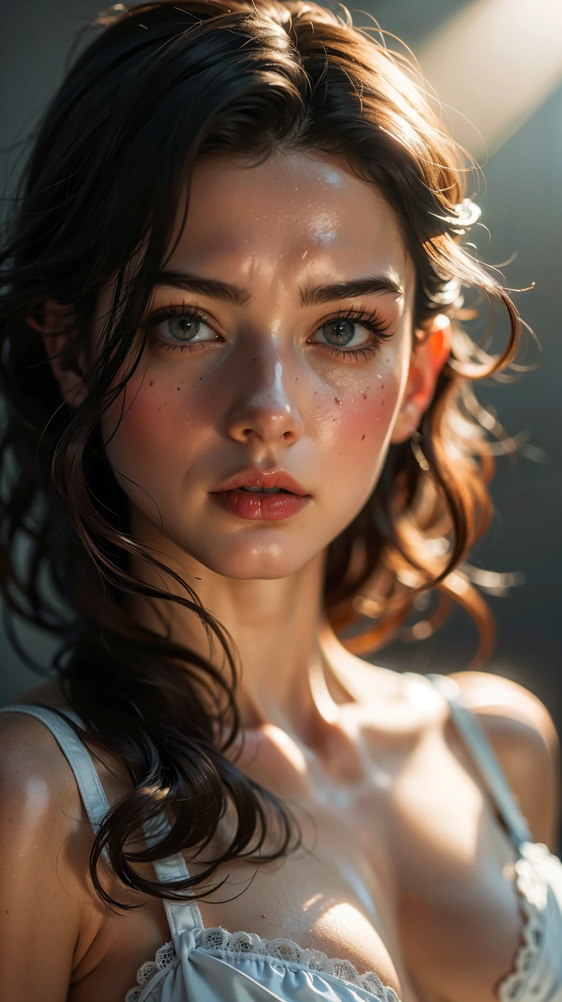 (((ultra realistic))) Photo, masterpiece, top quality, (pale skin), (Ultra detailed face and eyes:1.3), 1 girl, Adult, In Lifchik, ((Eye makeup, pink mascara)), ((large detailed lips)), ((pink wavy hair)), ((Stylish hairstyle)) , (Natural breasts), Slim waist. ((Posing, Hand on face)), photoshoot, Studio soft lighting, (The play of light and shadows), depth of field, bokeh, (special attention to skin detail: 1.2), Detailed leather texture, skin pores. (Warm atmosphere of the frame. color scheme - black, Red, Yellow, orange tones), ((by Max Twain)) , UDR, ((Film grain)), ((rays)), (Glare), ((waist up portrait, close to the camera)) , ultra detialed,