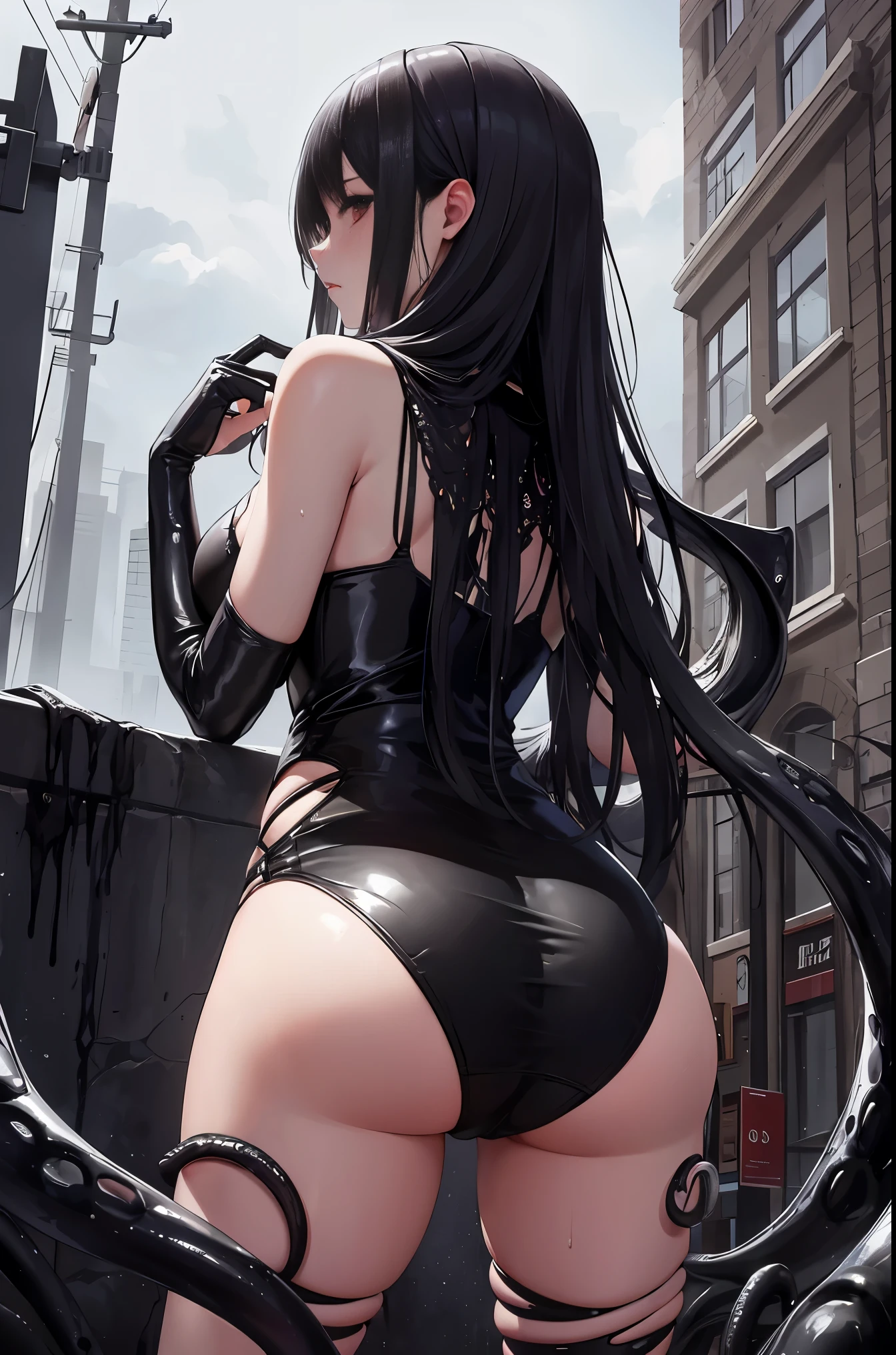 masterpiece, best quality, In winter, night, 4 But, girl, very long hair, big breasts, Gothic, Sadomasochism, wall, Zombified,Zombie changes and tentacles fuse,Zombie Queen,Black tentacles,Tentacles and legs,hot pants,looking down,back view,buttocks,playful,Lovely,red eyes,sexy,High heel,sweat,soaking wet