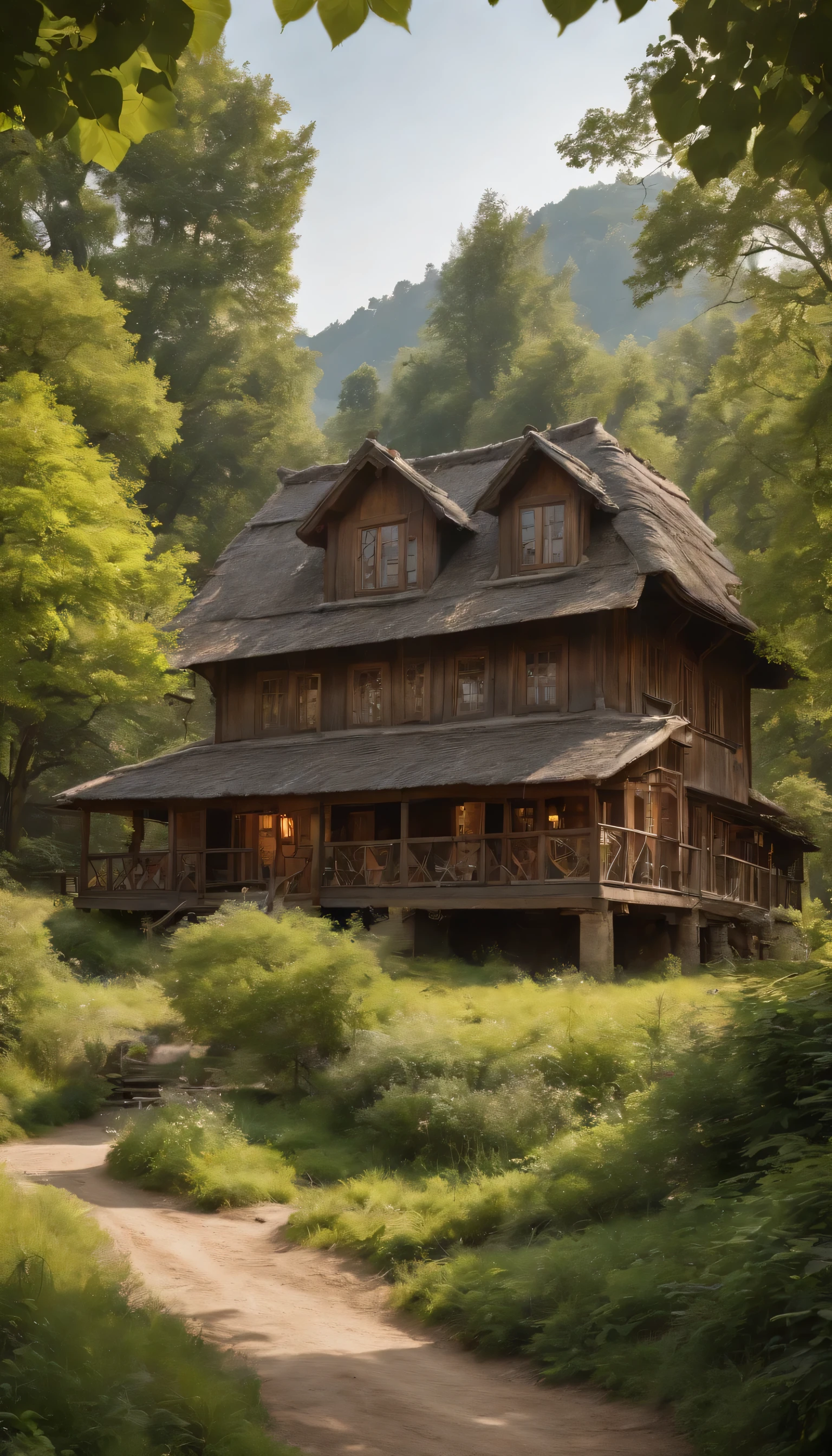 highest quality、8k、Detailed facial depiction、masterpiece、highest quality、Crisp image quality、Photo of an old wooden house and the surrounding nature