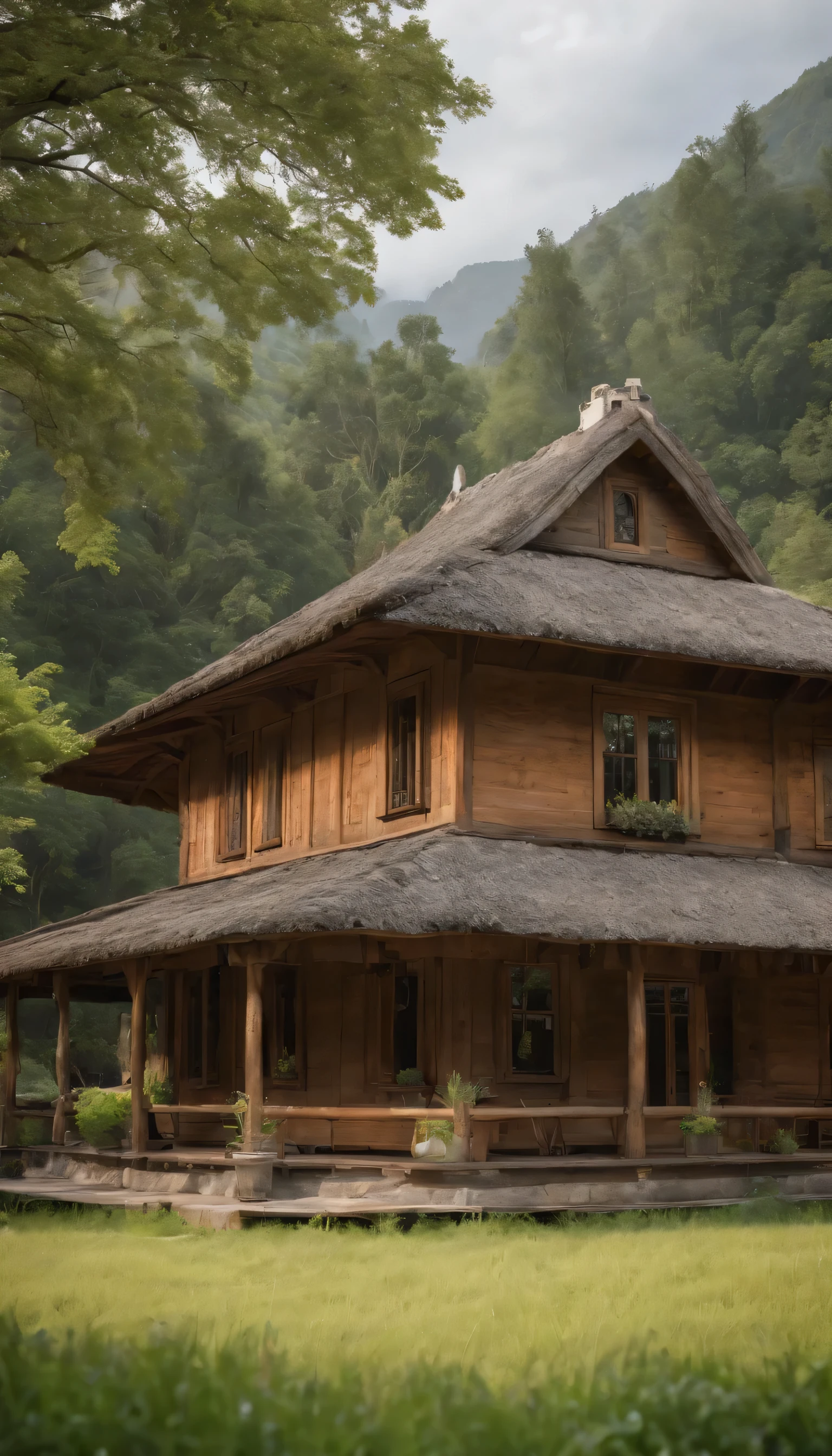 highest quality、8k、Detailed facial depiction、masterpiece、highest quality、Crisp image quality、Photo of an old wooden house and the surrounding nature