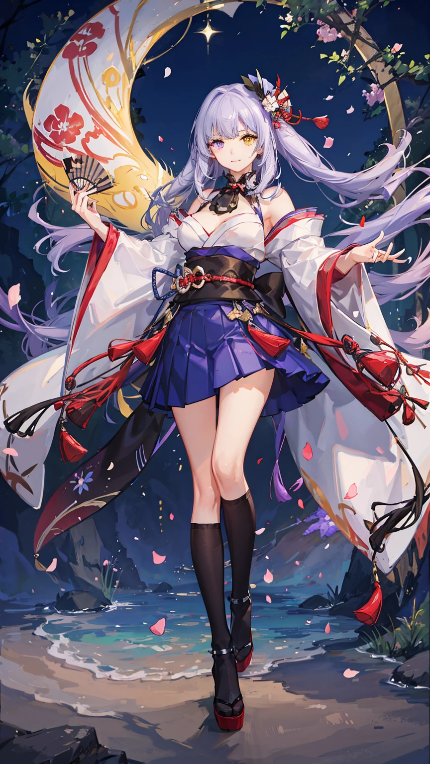 1girl,((she has a Japanese paper round fan)),silent smile,nail polish,beautiful illustration ,(heterochromia,purple eye,yellow eye),(big breasts),beautiful face,deep blue long hair, shrine maiden outfit,((red skirt)),mysterious mood,petals dance,in the night,moolight,best quality, high quality, masterpiece, HD,4K,8K