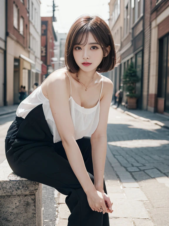 (((very detailed , 8k wallpaper, masterpiece, High resolution, highest quality))), ((Beautiful woman, Model-like posture, acrobatic pose,grunge fashion,wearing a camisole:1.2,)),(wide leg pants:1.2),((very detailed顔, beautiful eyes,very detailed black eyes, highest qualityのリアルテクスチャスキン)), (Short Bob Cut Hair,brown hair color, white skin,), (Brick flower bed), surreal, digital paint,soft lighting,Bokeh