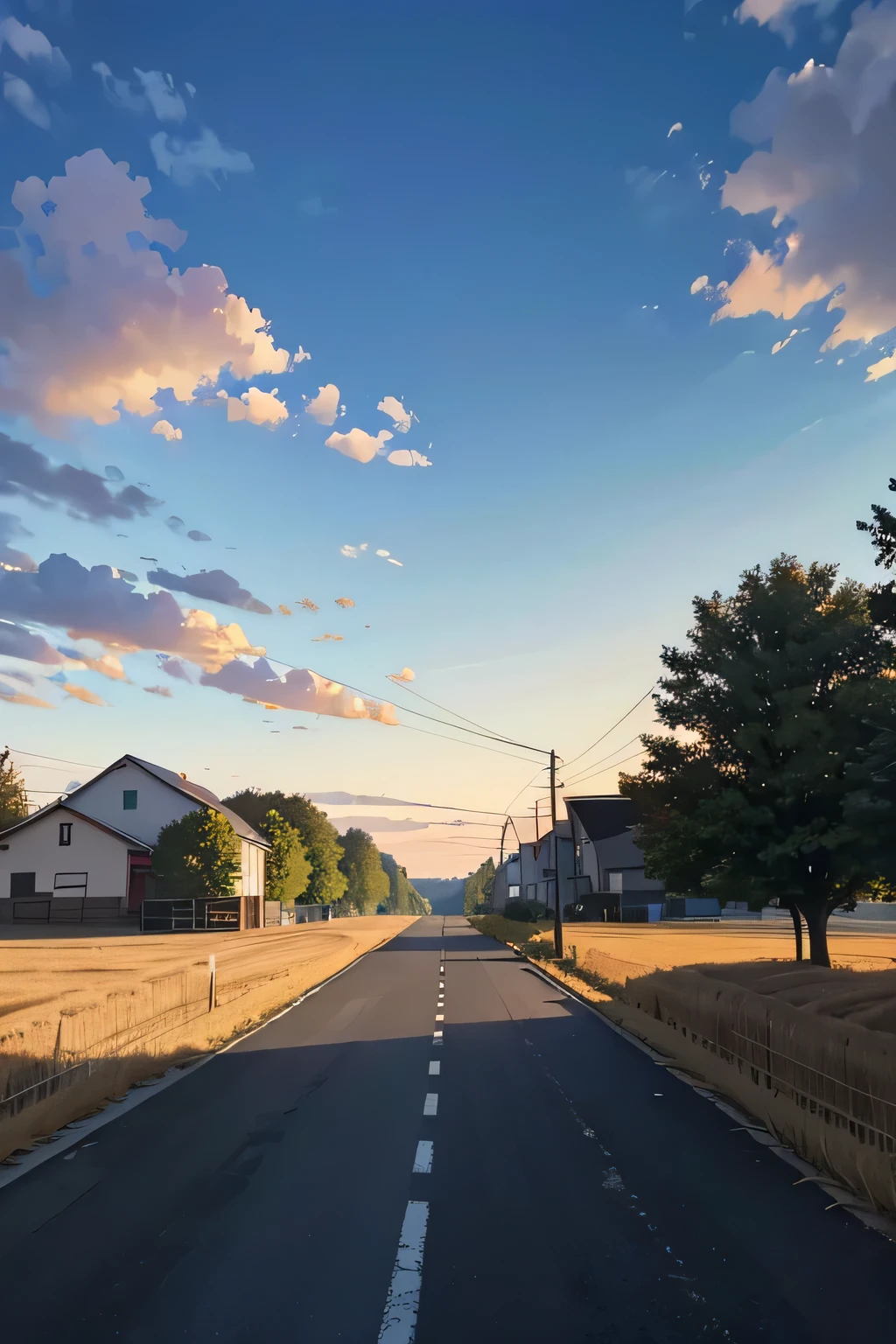 Generate rural revitalization theme pictures,Generate image content to generate an autumn sky with floating clouds during the day,The subject of the picture is a very wide asphalt road,There are street lights and telephone poles on both sides of the road.,On both sides of the picture are farmer uncles harvesting golden wheat in the fields..,There are several small houses in the wheat field