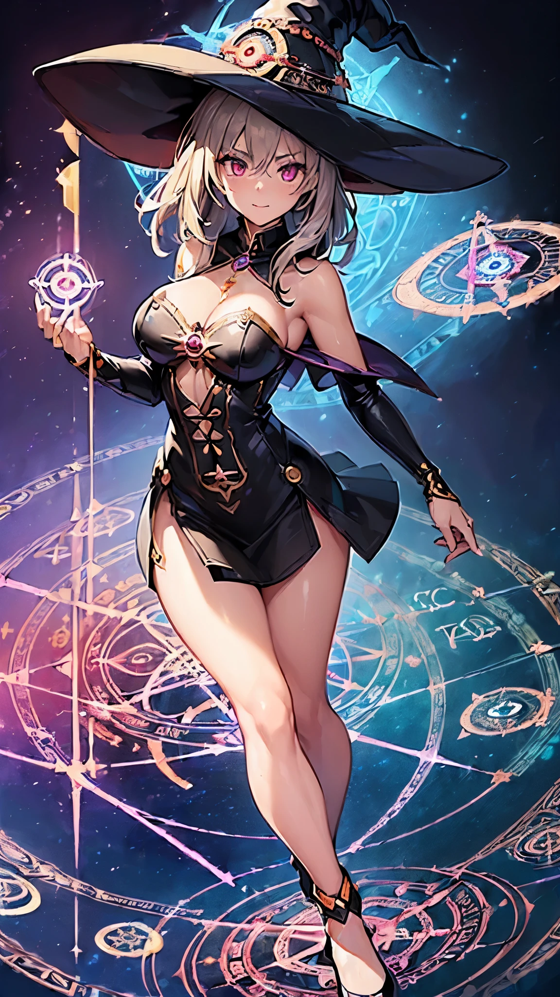 ((highest quality)),(ultra high resolution),(Super detailed),(detailed description),((best CG)),(best work of art),super precision art,great drawing art,(Fantasy art with precise details:1.5), (One Witch:1.5),(beautiful and well-shaped face:1.5),Witch&#39;s clothes detailed and detailed:1.5,Condescending laughter:1.6,Tattoos all over the body:1.8, (vibrating magic circle:1.7),Geometric pattern:1.7