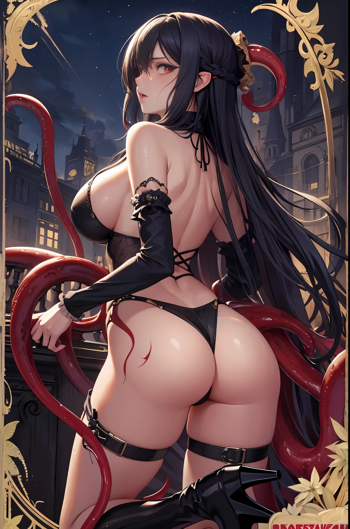 masterpiece, best quality, In winter, night, , girl, very long hair,  , Gothic, Sadomasochism, wall, Zombified，Zombie changes and tentacles fuse，Zombie Queen，Red tentacles，Tentacles and legs，hot pants，looking down，back view，buttocks，playful，Lovely，red eyes，sexy，High heel，sweat，soaking wet