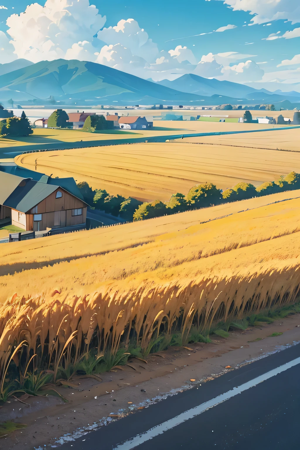 Generate rural revitalization theme pictures，Generate image content to generate an autumn sky with floating clouds during the day，The subject of the picture is a very wide asphalt road，There are street lights and telephone poles on both sides of the road.，On both sides of the picture are farmer uncles harvesting golden wheat in the fields..，There are several small houses in the wheat field