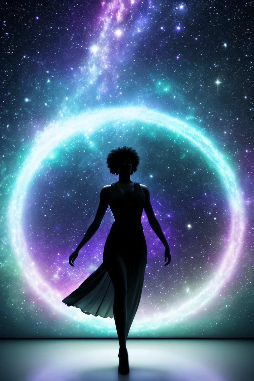 A full body shot of a photorealistic image of a black woman, radiating an ethereal glow, suspended in an empty, dark room. The vastness of the universe and shimmering galaxies swirl inside her, illuminating the space with their celestial light. The room, an enchanting expanse of darkness, is punctuated by beams of light emanating from the woman's body, their soft, intimate embrace casting gentle shadows upon her九星影子.
Ultra HD, 32k resolution unveils the intricacies of every star, galaxy, and nebula, each one revealing its unique, cosmic dance. Unreal Engine rendered,
