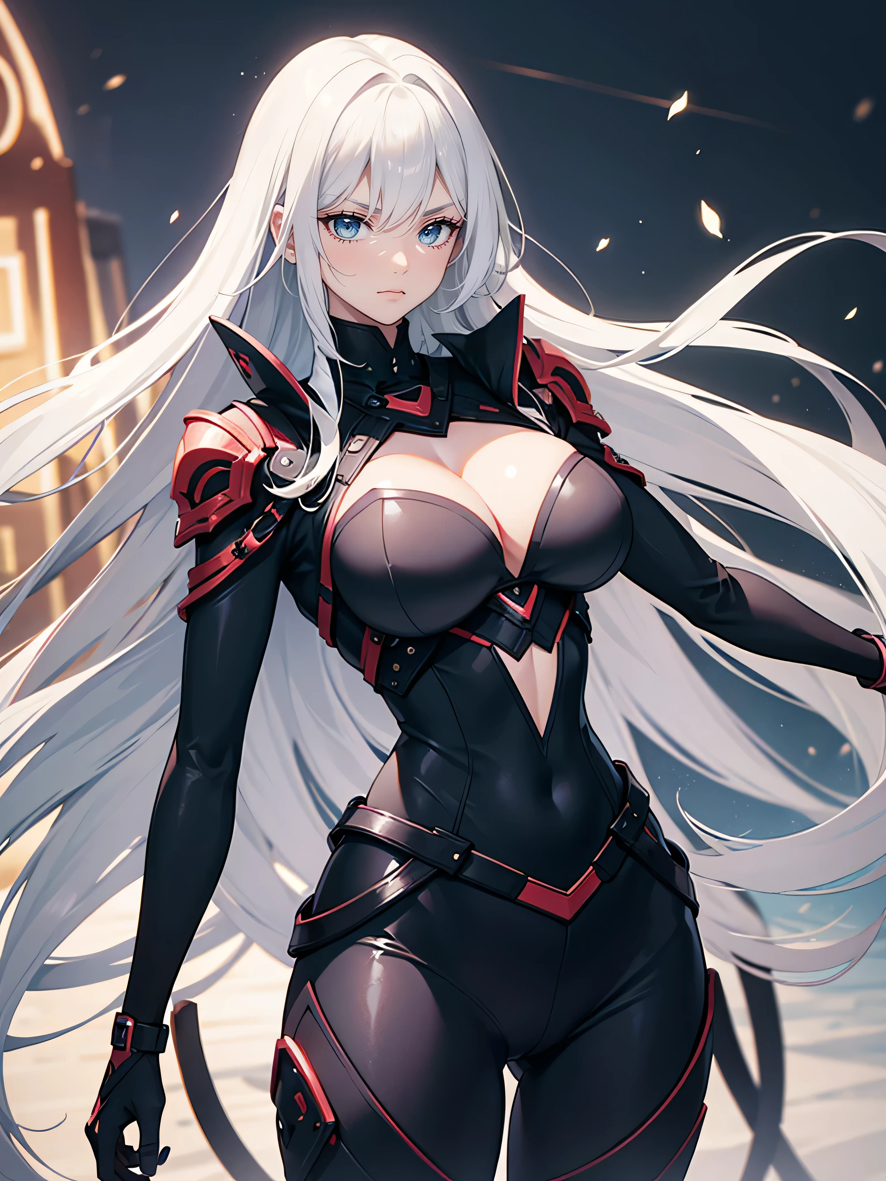 Two serious women wearing black technological dress in combat pose , uma mulher de longos cabelos negros contra uma mulher palida de cabelos brancos longos, peitos grandes, seios grandes, buceta, bunda grande, two woman vs, seios grandes gigantes, decote, agressividade