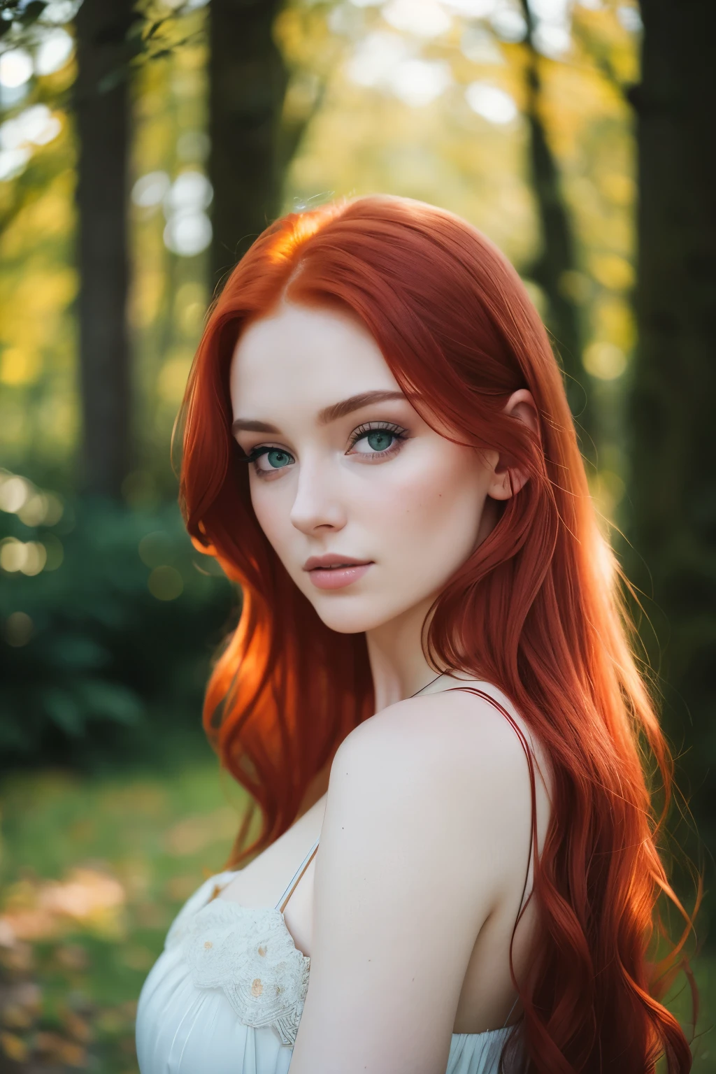 Beautiful red-haired woman, (extraordinarily gorgeous face), ((Detailed: 1.2)), green eyes, ((sharply focused on the camera)), ((masters the title of the most beautiful woman)), pale complexion, fragile beauty, ((captivating and alluring)), photographed in a Canon EOS R6, 85mm Lens, F/1.4, RAW, (4K) (Wallpaper) (Realistic lighting) (Moody atmosphere) (Highly detailed) (Portrait) (Fashion), from a low angle.
