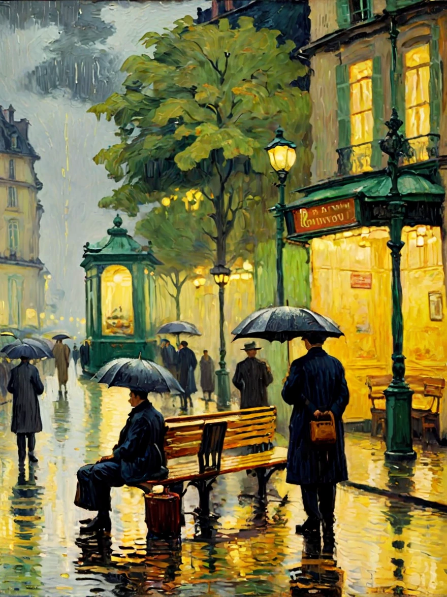 (downpour, rainy night:1.2), (bus stop,2 people waiting on a bench:1.6), rain, (close up:1.8), 8k,Pierre Bonnard Style - Pierre Bonnard, Scene painting, Oil painting in the style of Pierre Bonnard