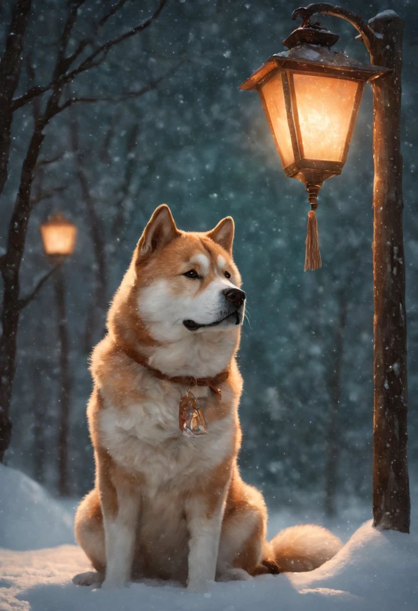 breathtaking Hachiko the Akita-inu in a poignant watercolor, waiting under a softly lit lantern, snow gently falling, (E. H. Shepard illustration style:1.3), (pastel palette:1.1), (emotive brushwork:1.2), (tranquil atmosphere:1.2), (textured paper effect:1.2) . award-winning, professional, highly detailed, 8k resolution concept art by Greg Rutkowski dynamic lighting hyperdetailed intricately detailed Splash art trending on Artstation triadic colors Unreal Engine 5 volumetric lighting Alphonse Mucha WLOP Jordan Grimmer orange and teal