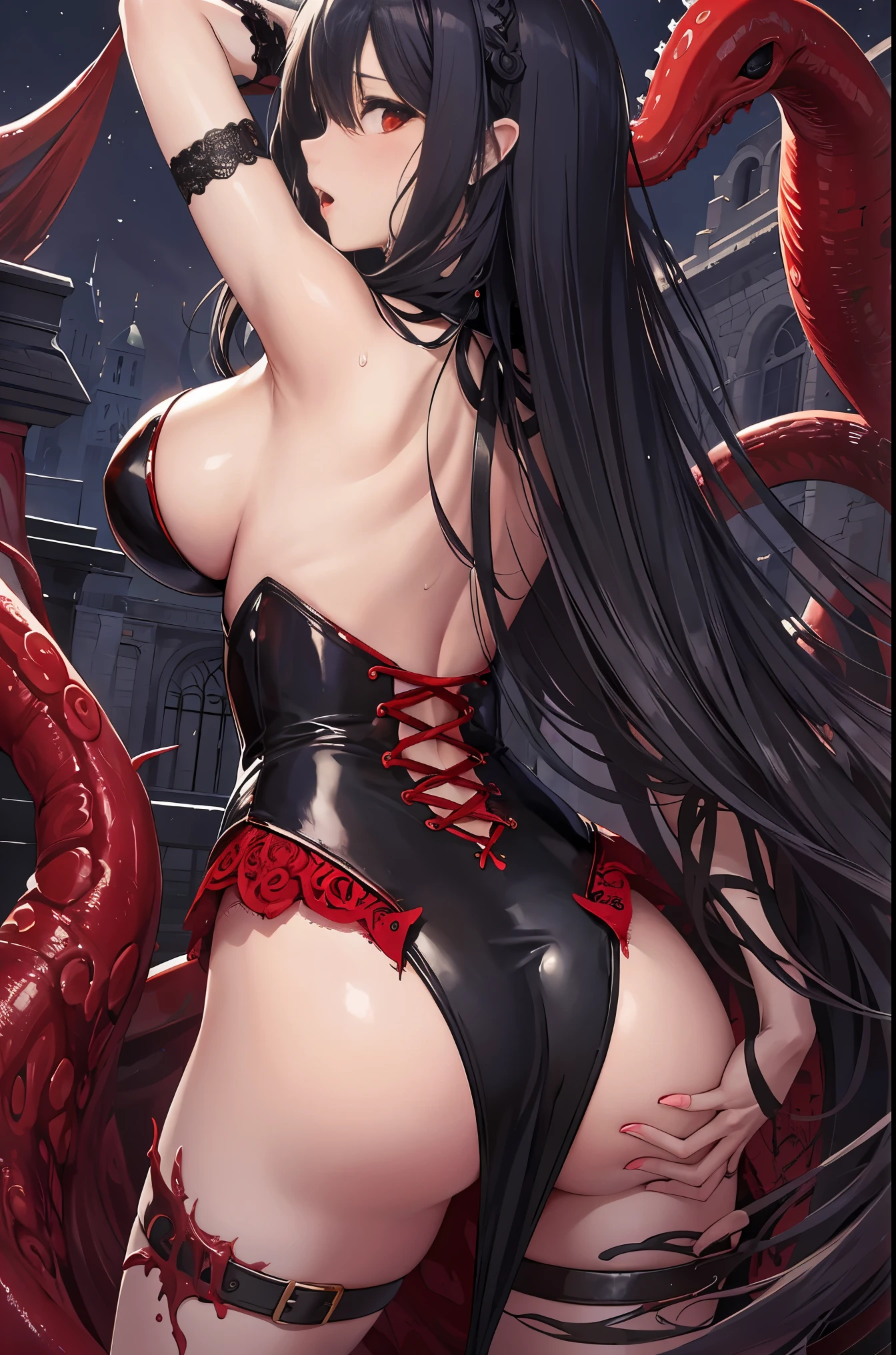masterpiece, best quality, In winter, night, , girl, very long hair, big breasts, Gothic, Sadomasochism, wall, Zombified,Zombie changes and tentacles fuse,Zombie Queen,Red tentacles,Tentacles and legs,hot pants,looking down,back view,buttocks,playful,Lovely,red eyes,sexy,High heel,sweat,soaking wet,Open