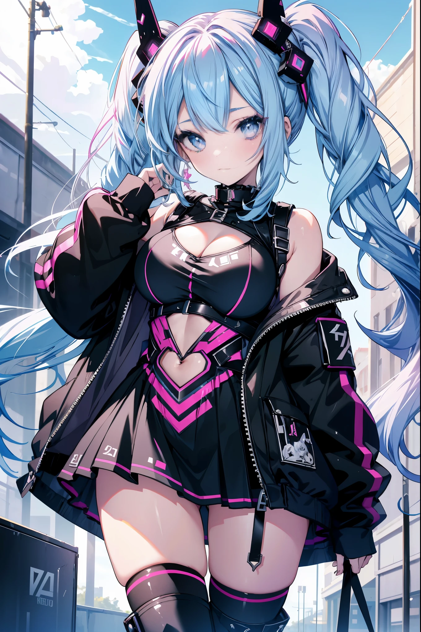 Fille Araffe blue hair et une couronne sur la tête, wearing punk clothes, dressed like a crust punk, anime girl Cosplay, Cybergoth, Wear punk clothes, Kerli Coiv: anime girl, 1 7 歳 - ゴシックanime girl, Belle Delphine, anime cosplay, pink haired, anime girl dans la vraie vie, punk girl, confused, High resolution, super sharp, 8K, masterpiece,, look at the sky, I can see big breasts