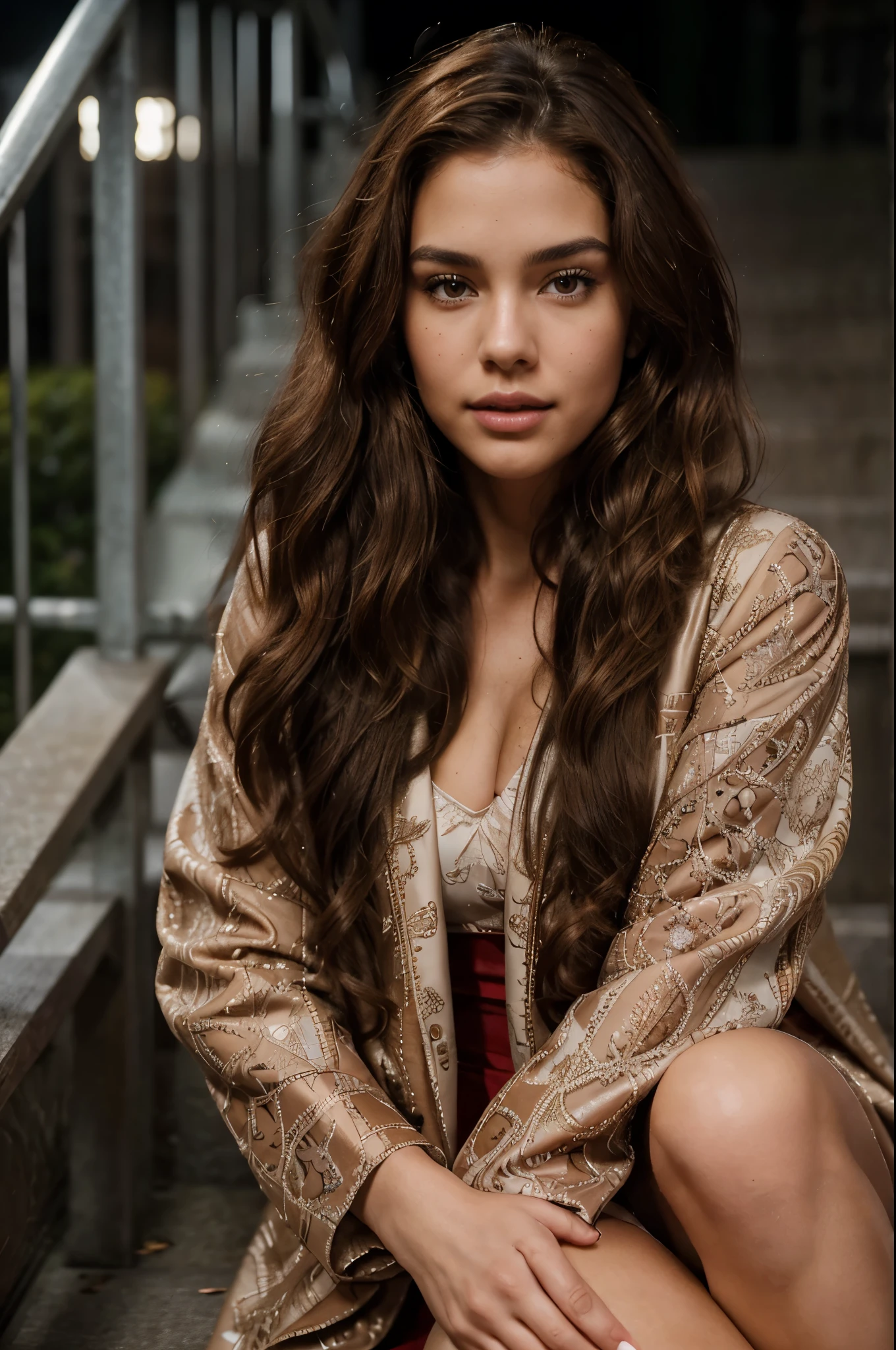 cinematic photo of a 23 year old girl with brown hair, long curls and brown eyes, happy, cheerful expression, closed mouth, beautiful lips, intricate details, shallow depth of field, highly detailed, high budget, epic Hollywood film, gorgeous, masterpiece, award-winning, professional, highly detailed, detailed skin texture, (blush: 0.5), (goosebumps: 0.5). (the most beautiful woman in the world) (brown hair) (long curly hair, wild hair, stylish cut) (( caramel teint))thin face, thin nose, beautiful, very beautiful, perfect face, slender body (slender), (brown hair) (brown eyes ) (caramell skin) Beautiful body, western face, predatory eyes, pink lips, thick thighs. full body, western beauty, thin nose, beautiful, perfect, ((best quality)), ((ultra resolution)), ((photorealistic: 1.4)), (intricate details), perfect face, strong makeup: 1.5 , clear face, facial detail, (((stand on a stairs in park, new york))) (((( full body, high society, coat , red dress, model pose left side))))((( night dark background)))
