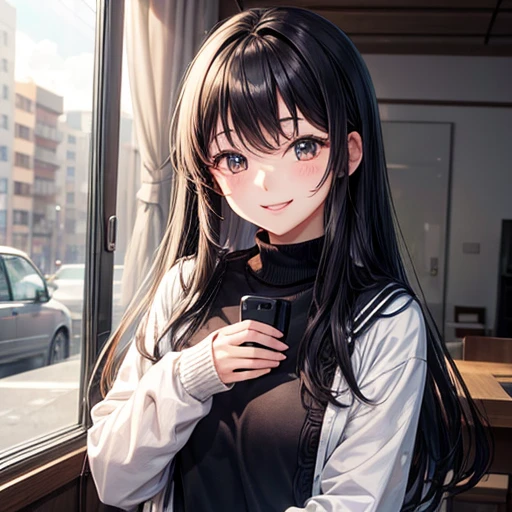 Smiling girl、、long black hair、long sleeve knit