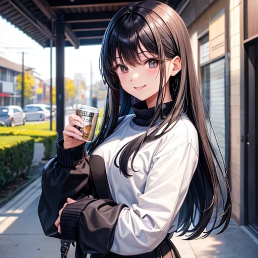 Smiling girl、16 years old、long black hair、long sleeve knit