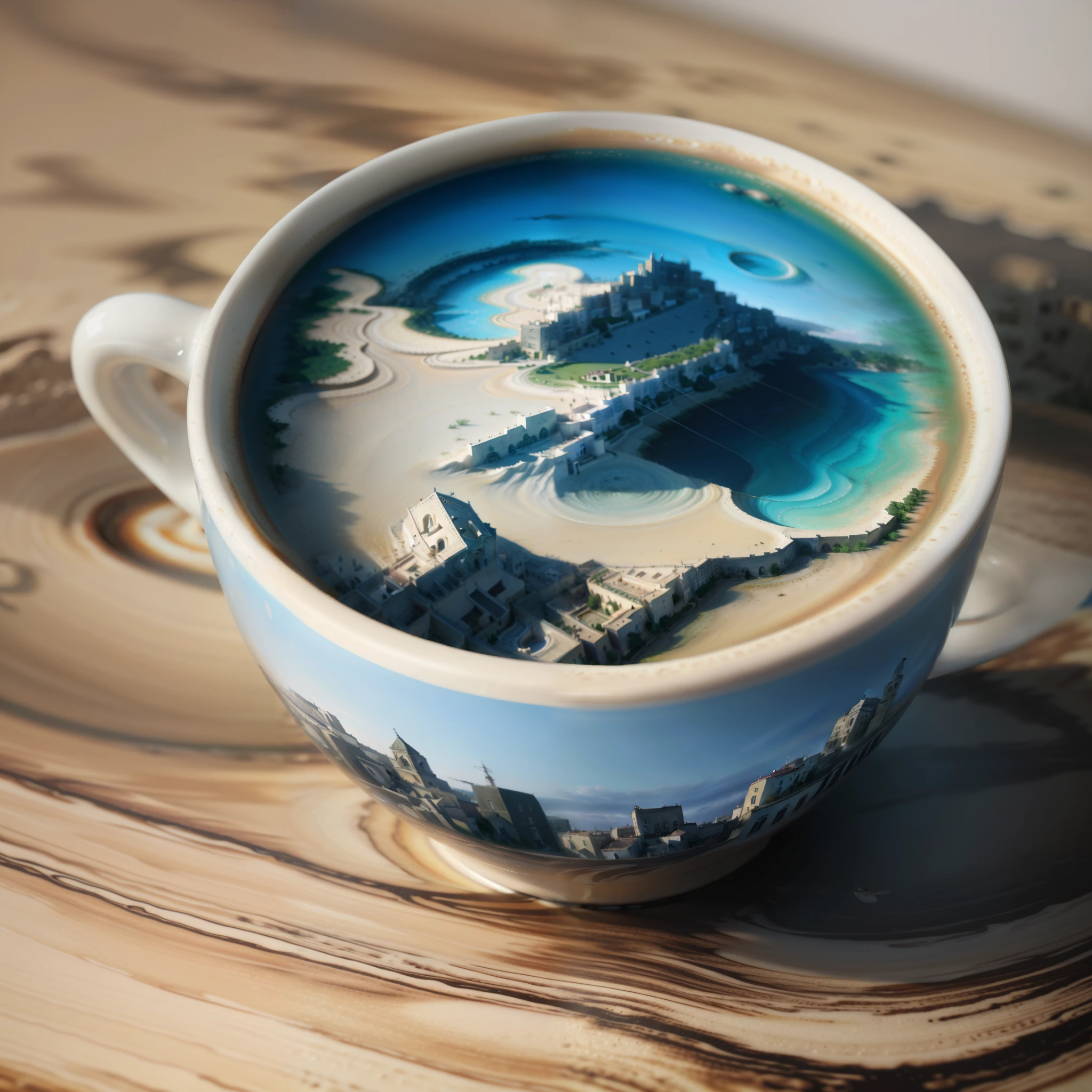 There was a cup of coffee,View of the city of Matera at the top, Detailed 3D digital art, hyperrealistic illustration, Latte art, Surreal water art, inspired by Cyril Rolando, Amazing digital art, Realistic 3D graphics, Surreal digital 3D art, Surreal digital 3D art, detailed painting 4k, very detailed illustration, Beautiful digital images