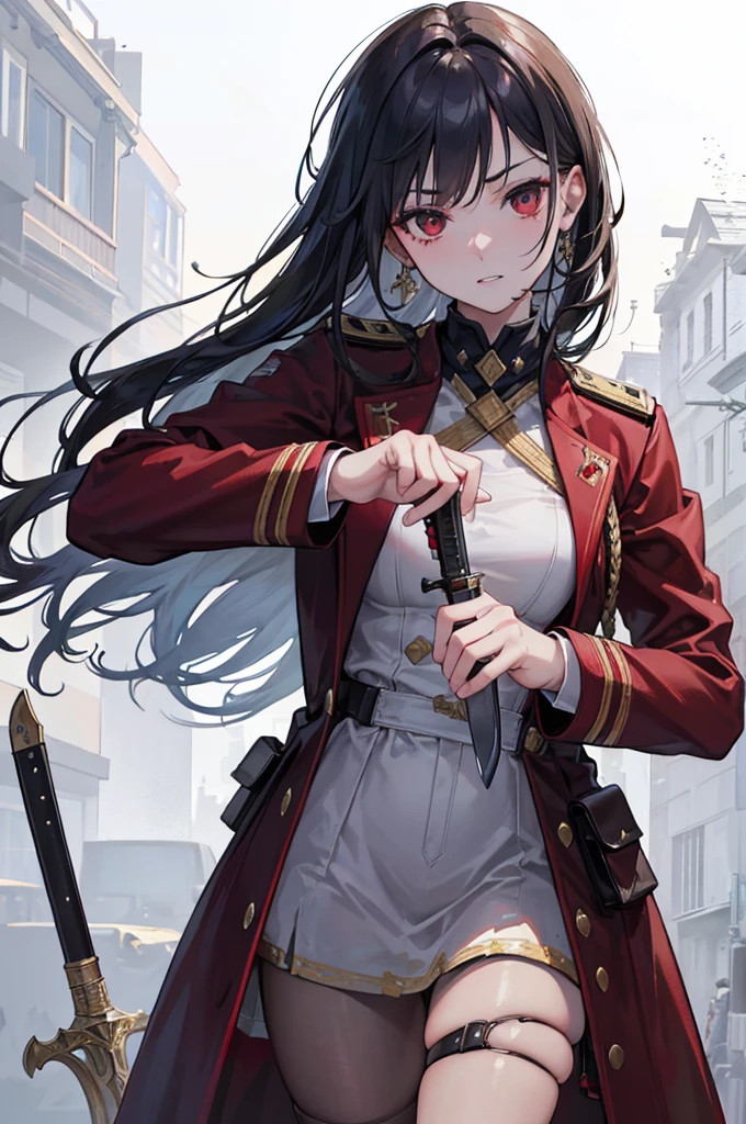 (best quality,4k,8k,highres,masterpiece:1.2),ultra-detailed,(realistic,photorealistic,photo-realistic:1.37),war,slaughter,abundant bloodstains,close-up shot,lady,long sword,gun,trench coat,beautiful face,sharp gaze,delicate,detailed,2.5D,grand,determined will,shot in the middle of battle,red-eyed,ferocious,gritted teeth,long knife