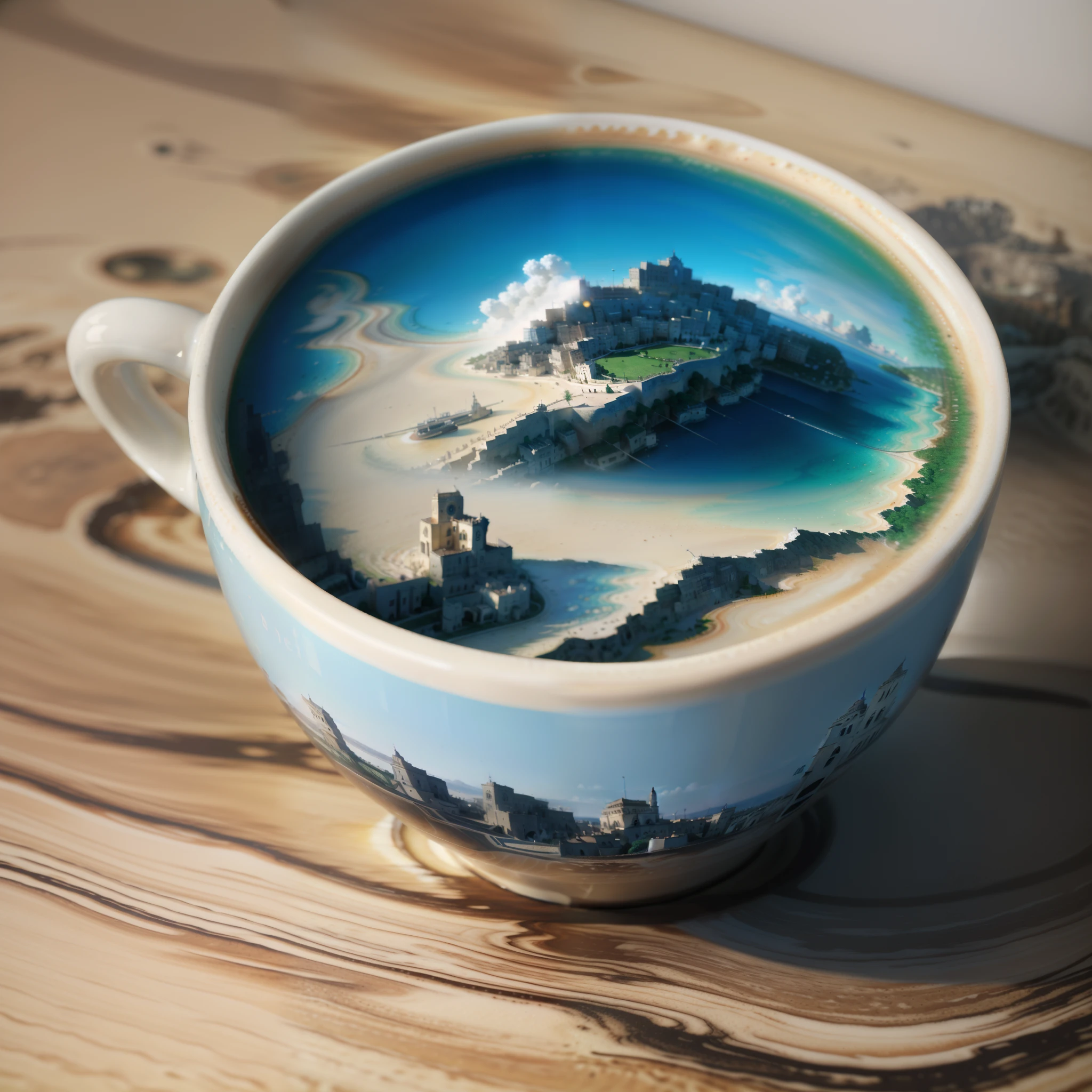 There was a cup of coffee,View of the city of Matera at the top, Detailed 3D digital art, hyperrealistic illustration, Latte art, Surreal water art, inspired by Cyril Rolando, Amazing digital art, Realistic 3D graphics, Surreal digital 3D art, Surreal digital 3D art, detailed painting 4k, very detailed illustration, Beautiful digital images
