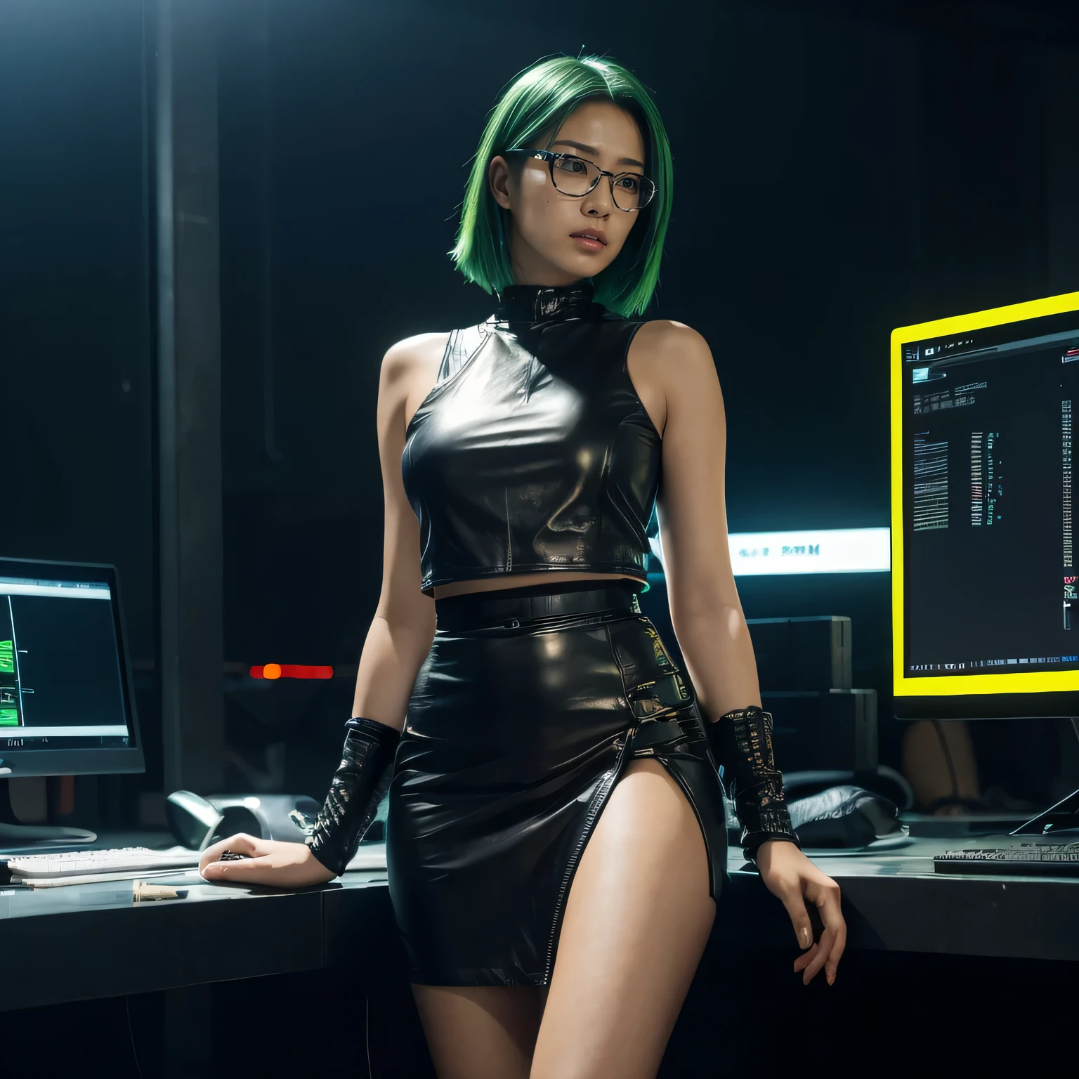 Cyberpunk Night City, Asian girl with green hair in long bob style,Full Length, wear closed electronic glasses in cyberpunk style,cervical cyber implants in cyberpunk style in the neck area,wear a short cyberpunk skirt,Full Length, holding a mini-computer in his hands, Maximum photorealism, (photo Realistic:1.4), (hyper Realistic:1.4), (Realistic:1.3), (smoother lighting:1.05), (improve the quality of cinematic lighting:0.9), 32K, 1 girl,20 year old girl, Realistic lighting, backlight, ray tracing, (bright light:1.2), (Increase quality:1.4), (Premium genuine leather texture.:1.4), very detailed eyes, (fatigue, drowsiness and joy), (laughter:0), t-shirts, (Improve your body line mood:1.1), (Increase the beauty of skin texture:1.1)