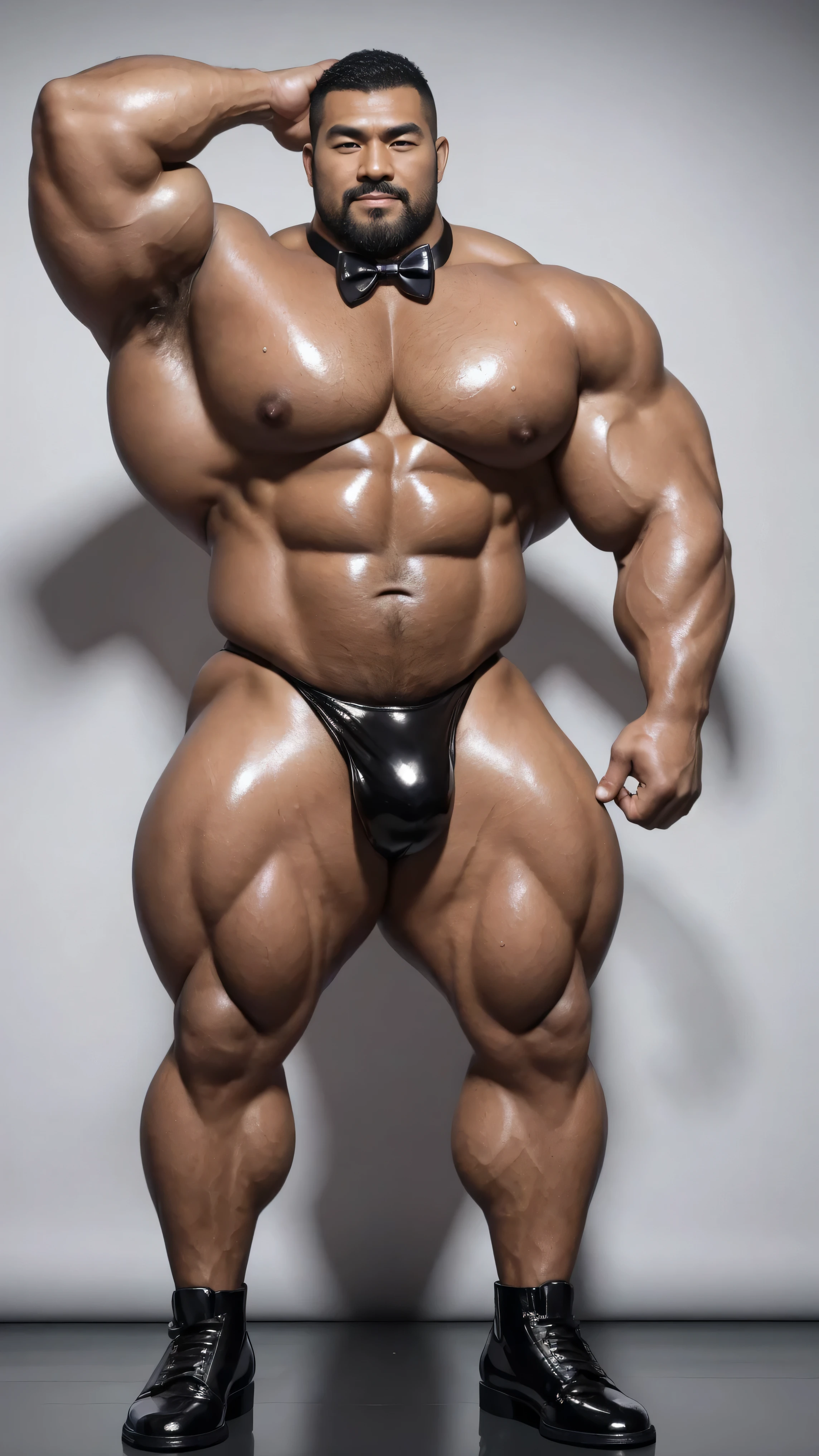There is only one person in the picture,a chinese bodybuilder,35 years old,Tall, mighty and handsome,standing in front of gray background board,Paired with black glossy leather bow tie,short hair, O-shaped beard,Perfect body, Dark and shiny complexion,Muscle bulge, muscular, Very big pecs,Very sexy abs,Leg muscles are very developed,Tall and burly,Huge bumpy area,Brighten oily skin,Black leather shiny leather gloves, Wearing a gold leather shiny thong, Wear black leather shoes to shine,handsome face,detailed facial features, Correct and accurate male anatomy, full-body shot, Large pecs, Wet oil wax gloss for oily muscles and skin,Professional photography。