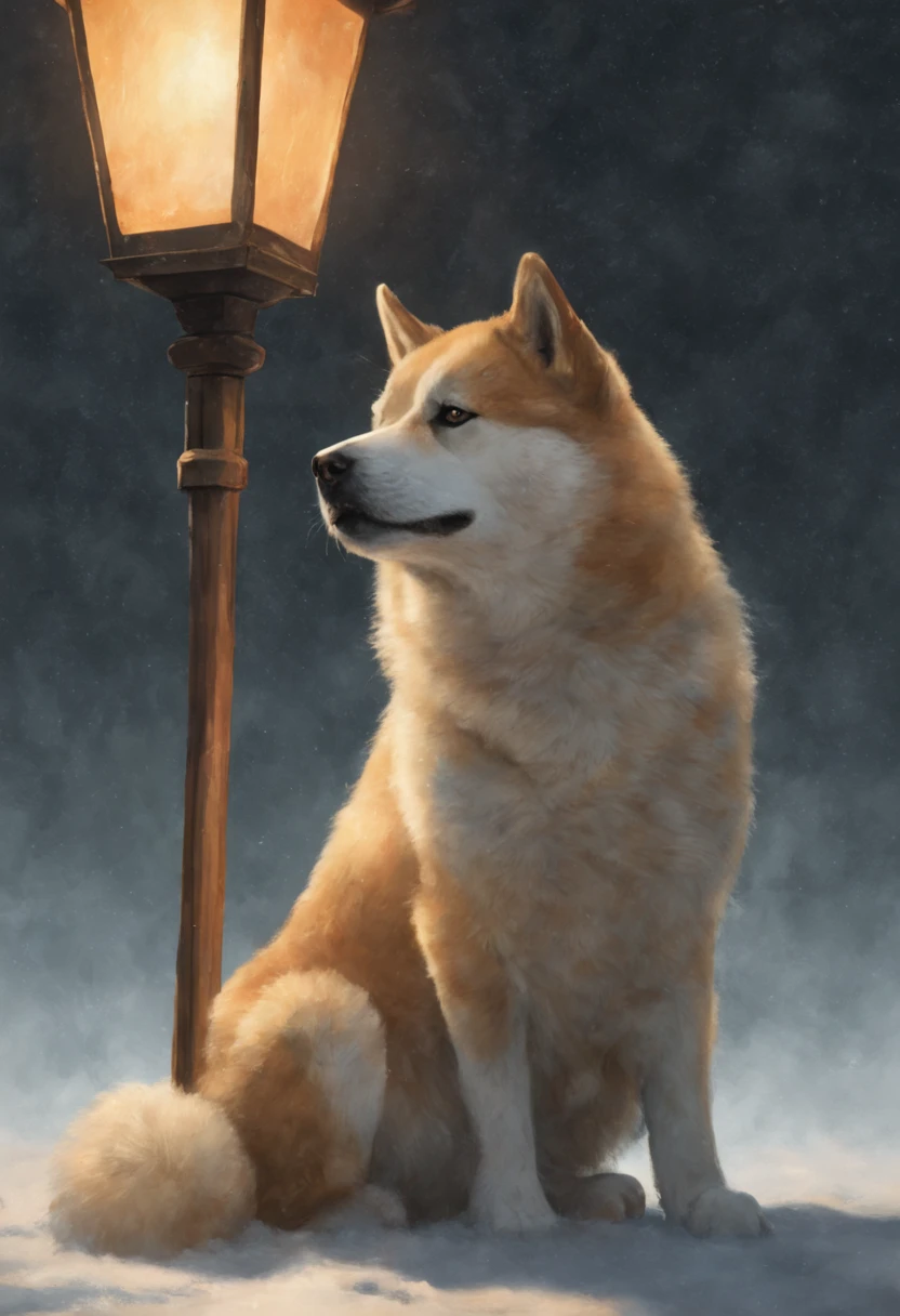 breathtaking Hachiko the Akita-inu in a poignant watercolor, waiting under a softly lit lantern, snow gently falling, (E. H. Shepard illustration style:1.3), (pastel palette:1.1), (emotive brushwork:1.2), (tranquil atmosphere:1.2), (textured paper effect:1.2) . award-winning, professional, highly detailed, 8k resolution concept art by Greg Rutkowski dynamic lighting hyperdetailed intricately detailed Splash art trending on Artstation triadic colors Unreal Engine 5 volumetric lighting Alphonse Mucha WLOP Jordan Grimmer orange and teal