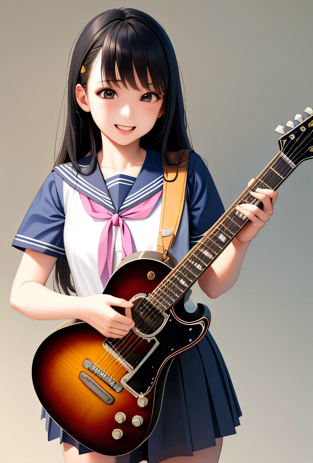 have a guitar、1 girl、AS-Adult、laughter、high school、uniform、summer clothes、serafuku、((highest quality)), (Super detailed), ((very detailed)), (beautiful), ((pretty girl))、Are standing