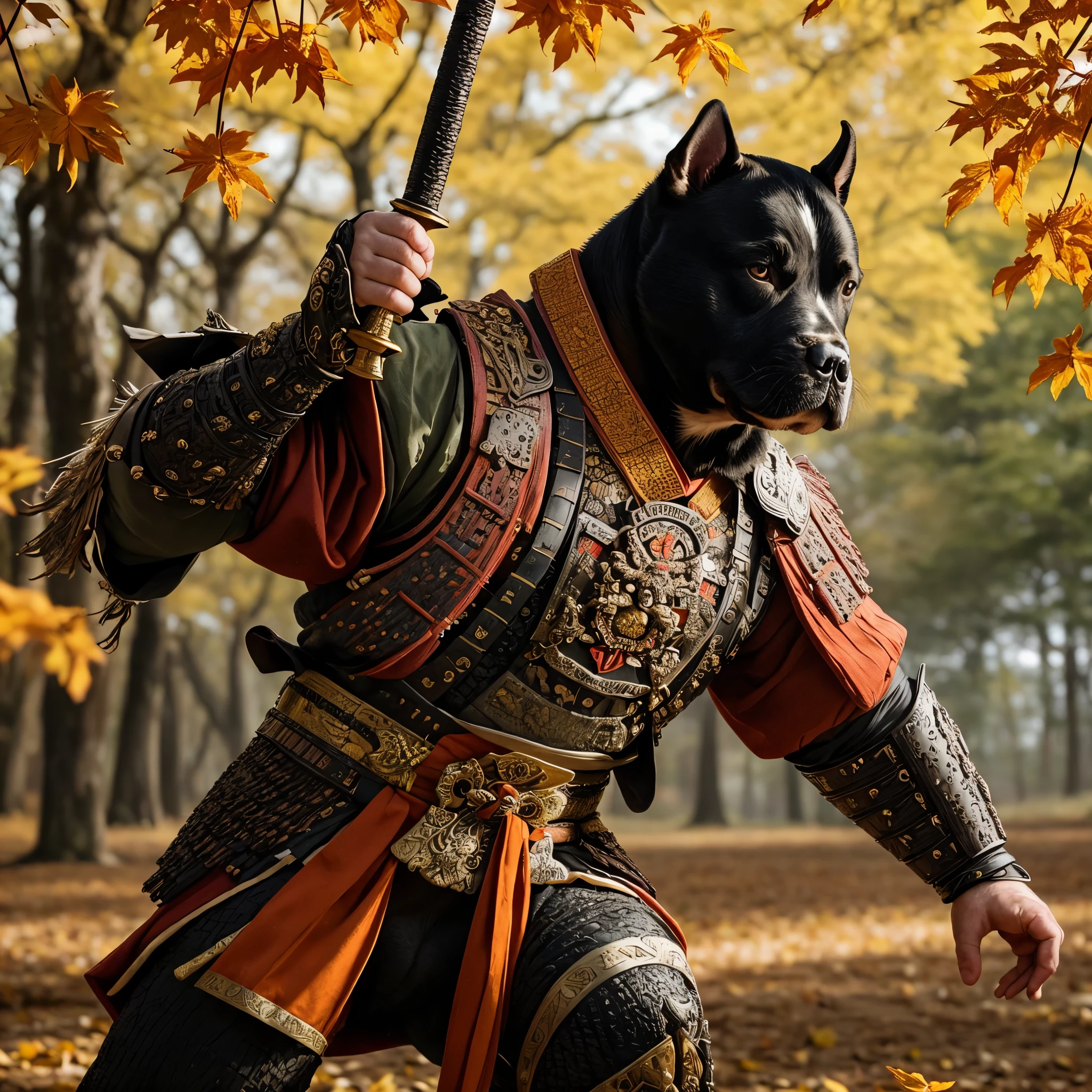 ผลงานชิ้นเอก ,with the background of autumn leaves, a samurai bull dog is wearing a sword to protect him, in the style of jessica rossier, wes anderson, todd mcfarlane, detailed costumes, close-up, muralist, fanciful costume design --ar 71:128 --s 1000 --v 6.0 --style raw,realistic ,8k ,bokeh