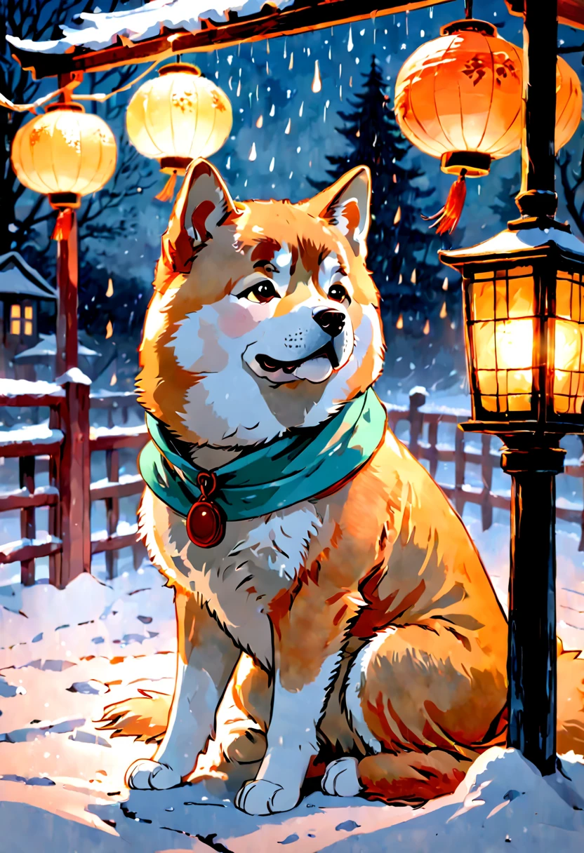 breathtaking Hachiko the Akita-inu in a poignant watercolor, waiting under a softly lit lantern, snow gently falling, (E. H. Shepard illustration style:1.3), (pastel palette:1.1), (emotive brushwork:1.2), (tranquil atmosphere:1.2), (textured paper effect:1.2) . award-winning, professional, highly detailed, 8k resolution concept art by Greg Rutkowski dynamic lighting hyperdetailed intricately detailed Splash art trending on Artstation triadic colors Unreal Engine 5 volumetric lighting Alphonse Mucha WLOP Jordan Grimmer orange and teal