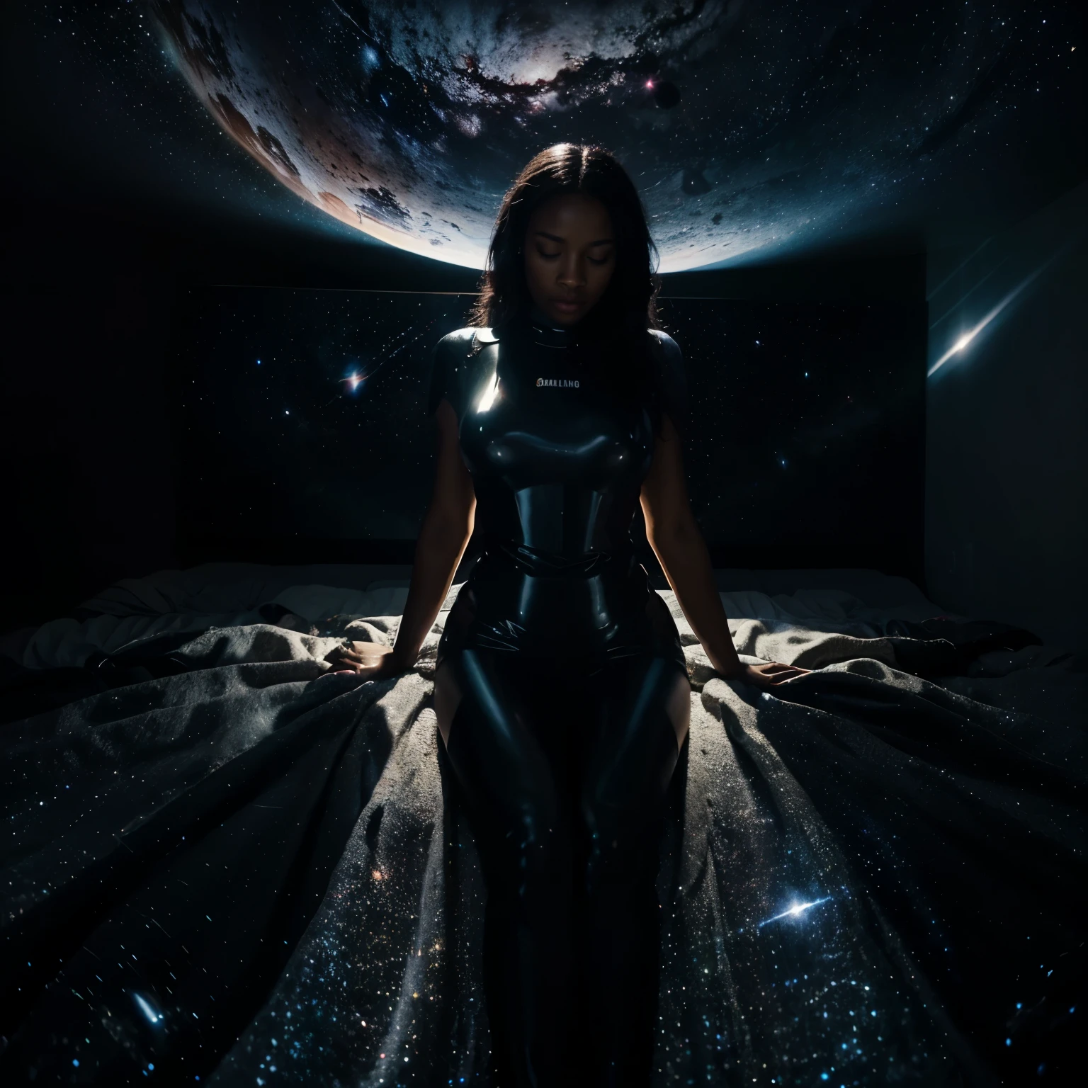 Create a full body shot of a  photorealistic image of the universe and galaxy shining inside a black woman, sleeping in an empty dark room, dark room being lit by light projected from the woman's body shining with the galaxy, ultra HD, 32k, photorealistic image, unreal engine rendered, 