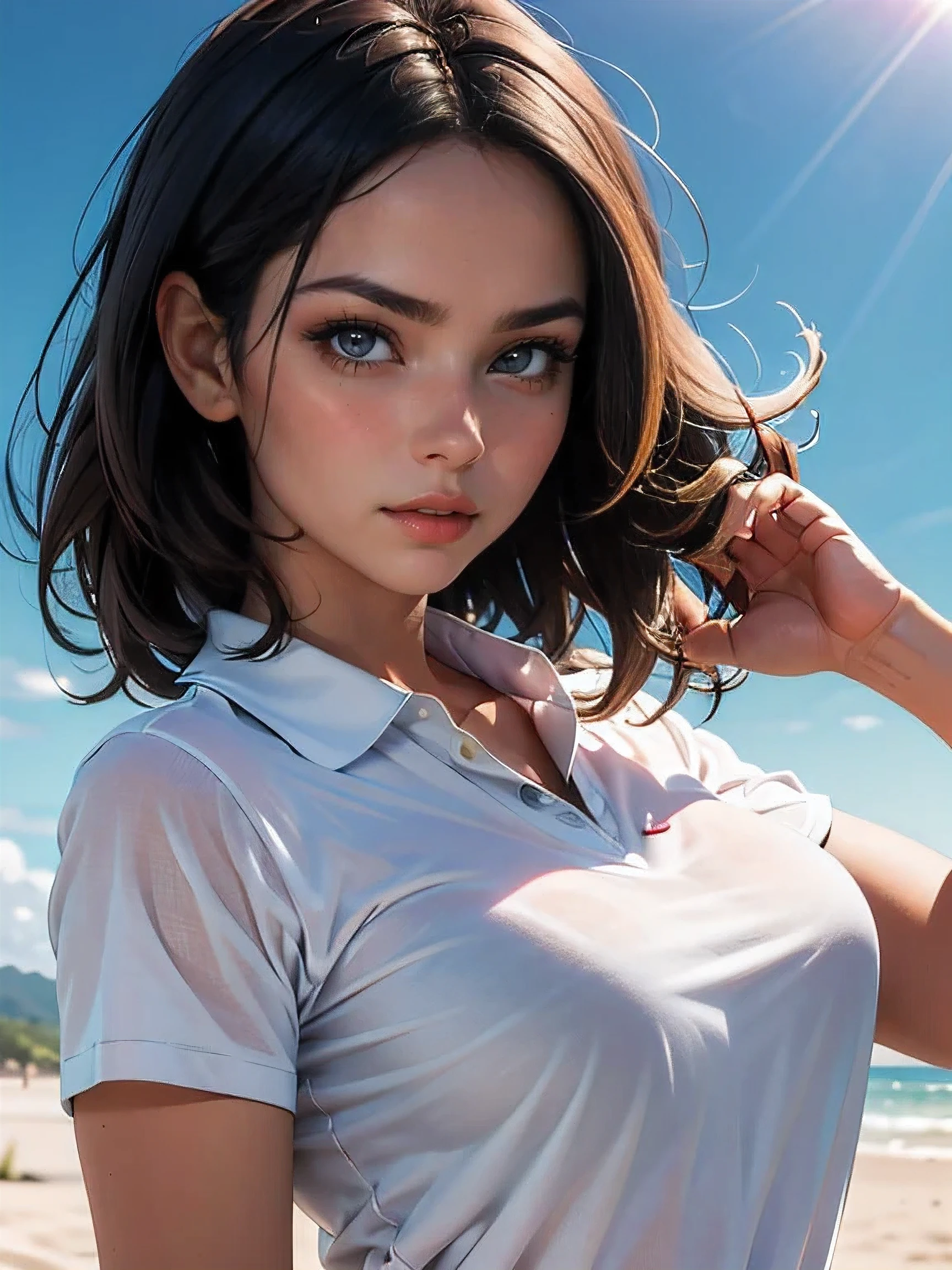 (((HD photo))), ultra high res.photorealistic:. 1.4, UHD, masterpiece, trending on artstation, closeup, frontal shot, portrait pretty, cute girl, most beautiful in the world, soft, delicate, long dark hair, large breasts, wearing polo shirt, sunkissed, desert background