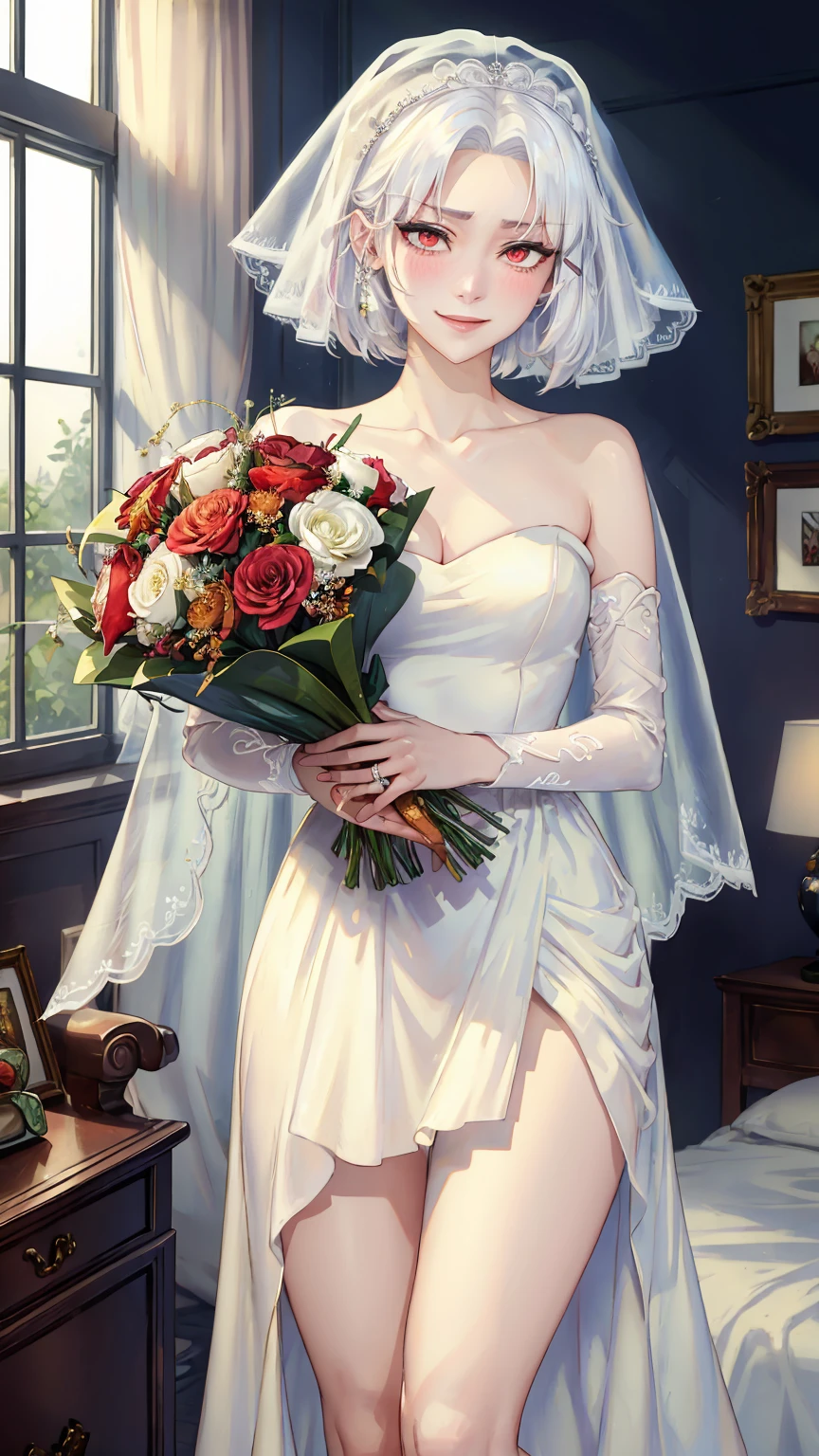 ((((masterpiece, best quality, high resolution)))), (1girl:1.5), ((short hair, white hair, red eyes, sharp eyes)), (average breasts:1.2), (blushing), (light smile, teary eyes), glow, thighs, bare shoulders, collarbone, narrow waist, (slender body figure), (beautiful detailed face, beautiful detailed eyes), ((bridal satin gown, bridal hair veil)), (holding bouquet), (standing up), looking at viewer, bedroom, (cowboy shot)