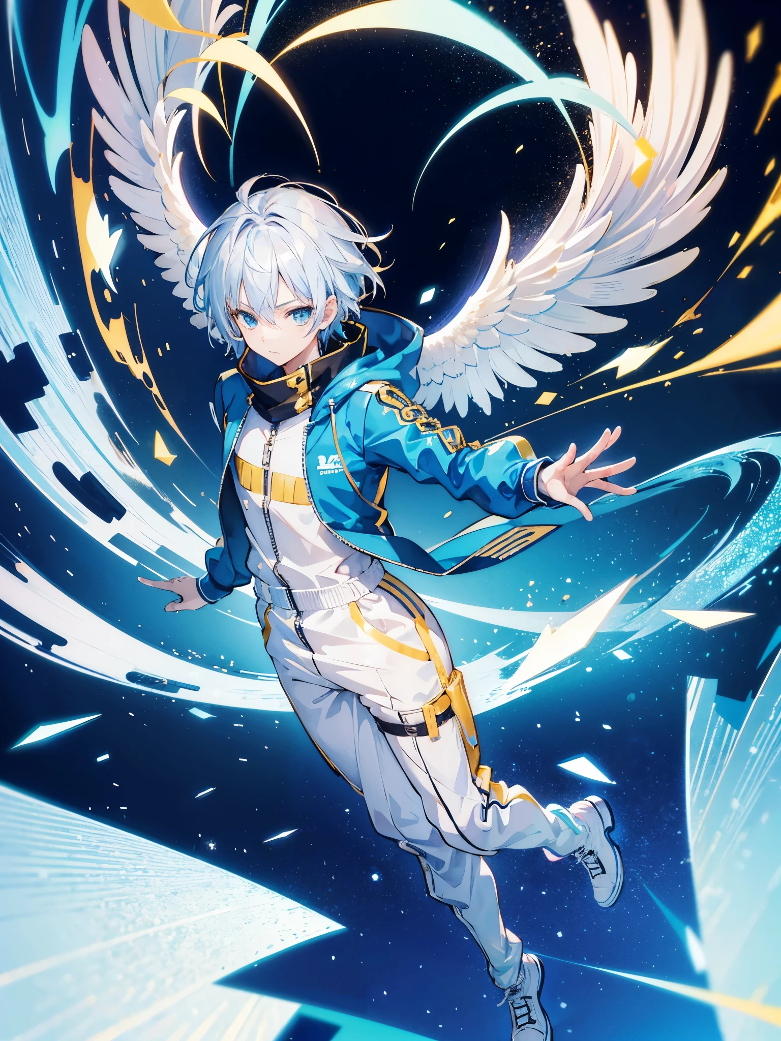 Anime characters,Game CG,8K quality,((young boy)),Youthful feeling,Anime male protagonist,silver hair blue dye,short,straight hair,Squint viewing angle,wing,goggles,((White and gold jumpsuits)),Technical fingerless gloves,(Racing boots),flight,whole body image,Tech city,scarf,Fingers are normal,angelic,Exquisite facial features,exquisite eyes