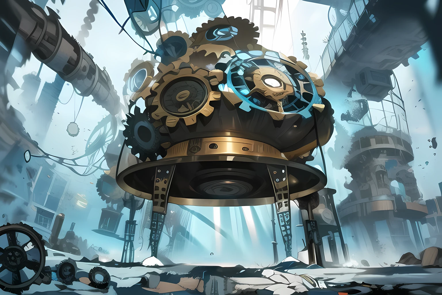 [(Ocean:1.5),::5] (underwater:1.5), [(GEARS:1.5),::5] (mechanical, dynamic angles:1.5), no humans, bubble, (building, light rays, wires, steampunk:1.4), masterpiece, highres, 4k, high quality, digital art, (high quality:1.2), (detailed:1.2), (fantasy:1.2), illustration, perspective (45 degree tilt angle), theme (underwater city style:1.2), plant, (Domain Expansion:1.4), (decayed, gears, mechanical gears, steampunk, mechanical element, macine, machinery:1.5)
