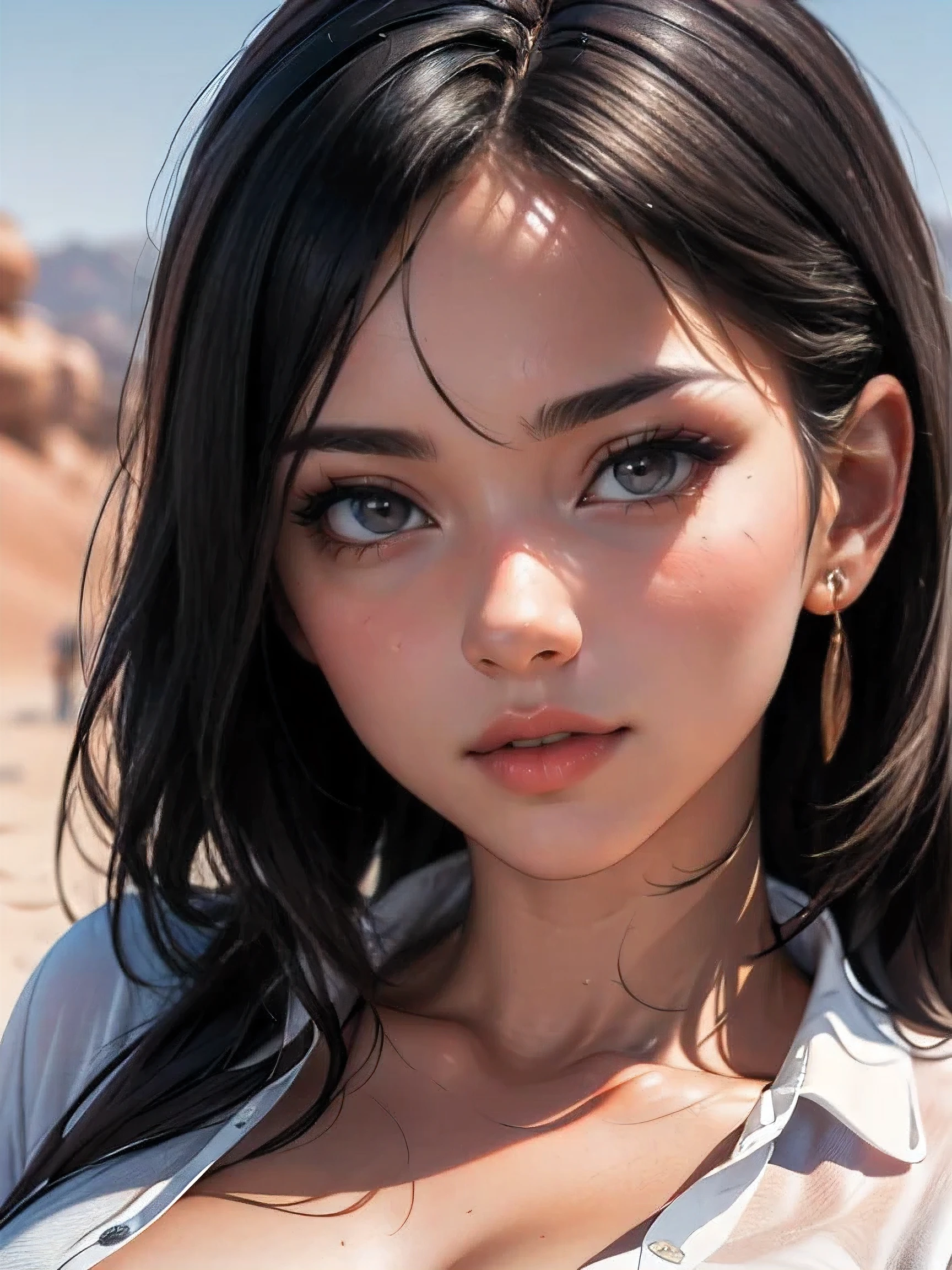 (((HD photo))), ultra high res.photorealistic:. 1.4, UHD, masterpiece, trending on artstation, closeup, frontal shot, portrait pretty, cute girl, most beautiful in the world, soft, delicate, long dark hair, large breasts, wearing polo shirt, sunkissed, desert background