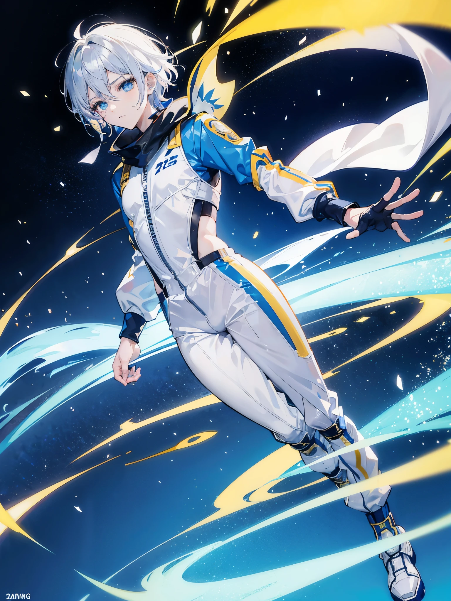 Anime characters，Game CG，8K quality，((young boy))，Youthful feeling，Anime male protagonist，silver hair blue dye，short，straight hair，Squint viewing angle，wing，goggles，((White and gold jumpsuits))，Technical fingerless gloves，(Racing boots)，flight，whole body image，Tech city，scarf，Fingers are normal，angelic，Exquisite facial features，exquisite eyes