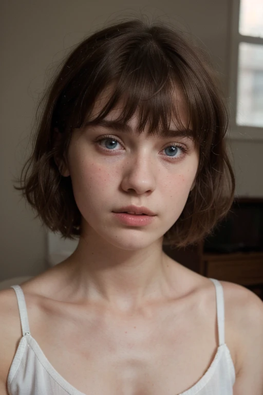 (best quality, highres, hyperrealistic, 8k:1.2), teenager, fifteen years old, shy, sad, paleness, big blue eyes, very white skin, small nose, short brown hair with bangs, melancholy, beautiful, portraits, soft warm tones, delicate lighting