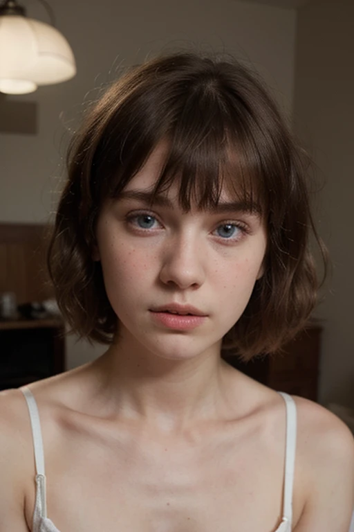 Mejor calidad, Hyper realistic, Detalles, 8k, adolescente, Fifteen years old, Shy, triste, palidez, Grandes ojos muy azules, piel muy blanca, small nose, very short brown hair with bangs,Torre Eiffel, rosa blanca.