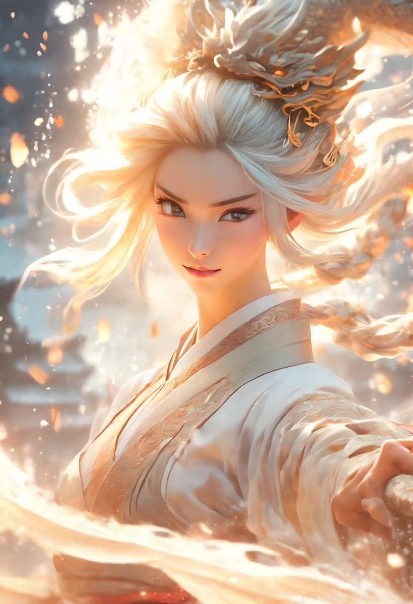 dynamic lighting, art station, poster, Volumetric lighting, Very detailed faces, 4k wallpaper, The award-winning, 1 girl with white hair, long flowing hair, ponytail, Fringed Hair Ornament, dynamic perspective, white hanfu, White gauze flying, Sexy, Chinese traditional ink painting, mist, mist, Riding the white dragon's head, Stroke the faucet, Bailongjiao, dynamic perspective, light,