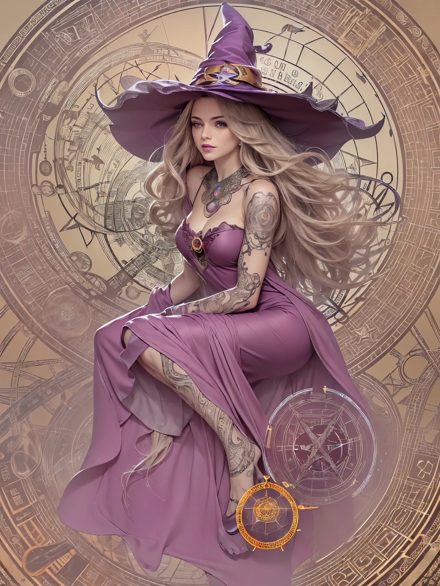 ((highest quality)),(ultra high resolution),(Super detailed),(detailed description),((best CG)),(best work of art),super precision art,great drawing art,(Fantasy art with precise details:1.5), (One Witch:1.5),(beautiful and well-shaped face:1.5),Witch&#39;s clothes detailed and detailed:1.5,Condescending laughter:1.6,Tattoos all over the body:1.8, (vibrating magic circle:1.7),Geometric pattern:1.7