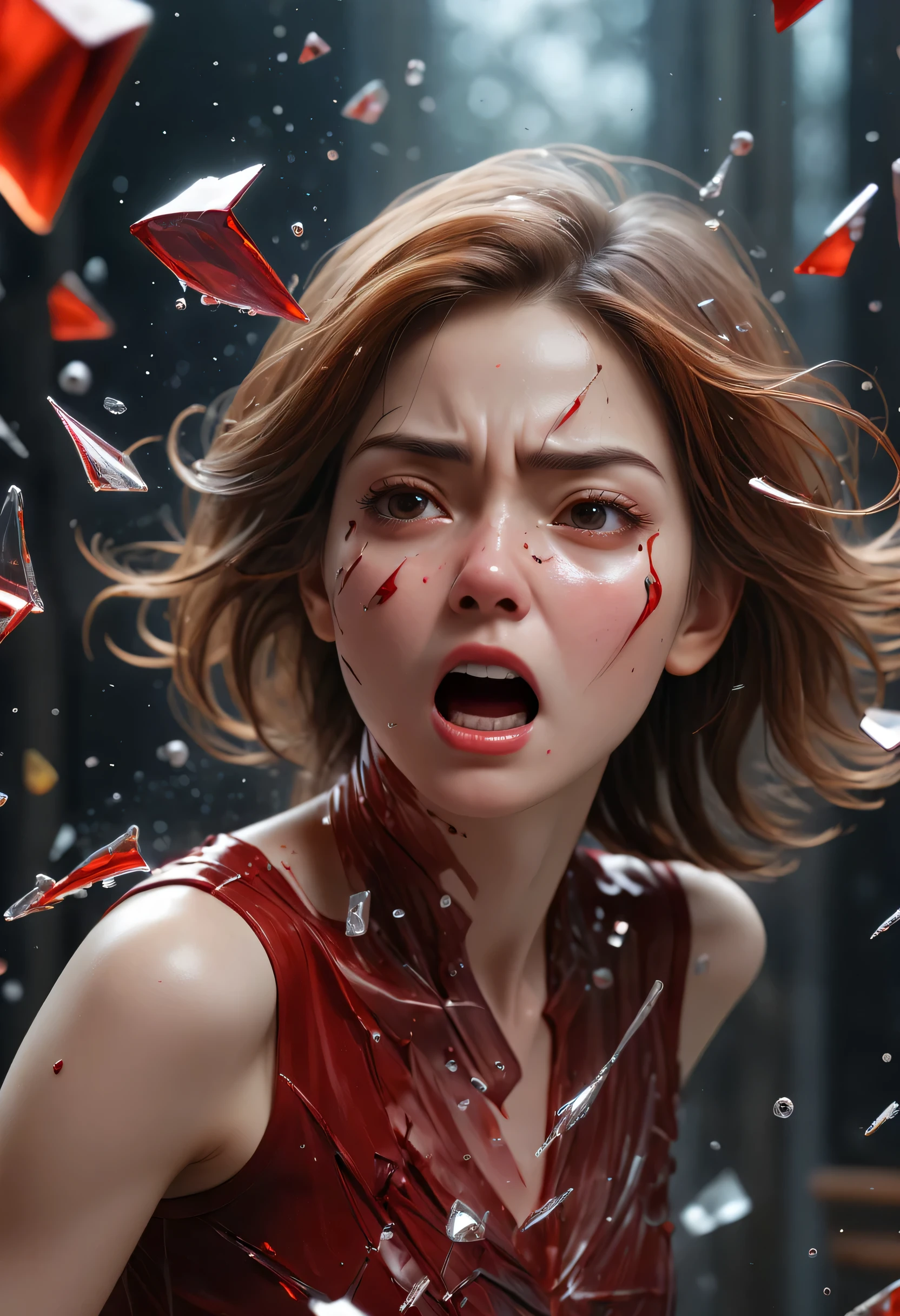 (best quality,Super fine,fidelity:1.37),beautiful girl,cold expression,tears,Red viscous liquid oozes from scratches on face,close up。Red paint splashes in the air,Bullets flew through the air,broke the glass。Instant capture,penetrating glass shards,Detailed bullet trajectories,slam,Shards of glass were scattered all over the place,There are debris in the air,slow motion freeze,high speed capture,dynamic chaos,Precise timing,Flying debris,suspended in the air,dance clip,stained glass shards,refracted light,moving rapidly,translucent fragments,windows in fragments,