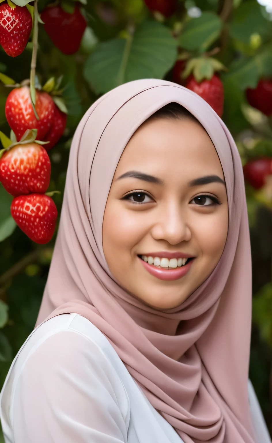 Masterpiece:1.2, high quality, best quality, high resolution, detailed, hyper realistic, 1 malay girl, wear baju kurung, bright short white hair, Shaggy Bob Haircut with Bangs, brown eyes, head tilt, sunset, birds flying, strawberry plant, Portrait, smile, showing teeth,  (detailed face), ((sharp focus)), ((face)), upper body, mid shot portrait,