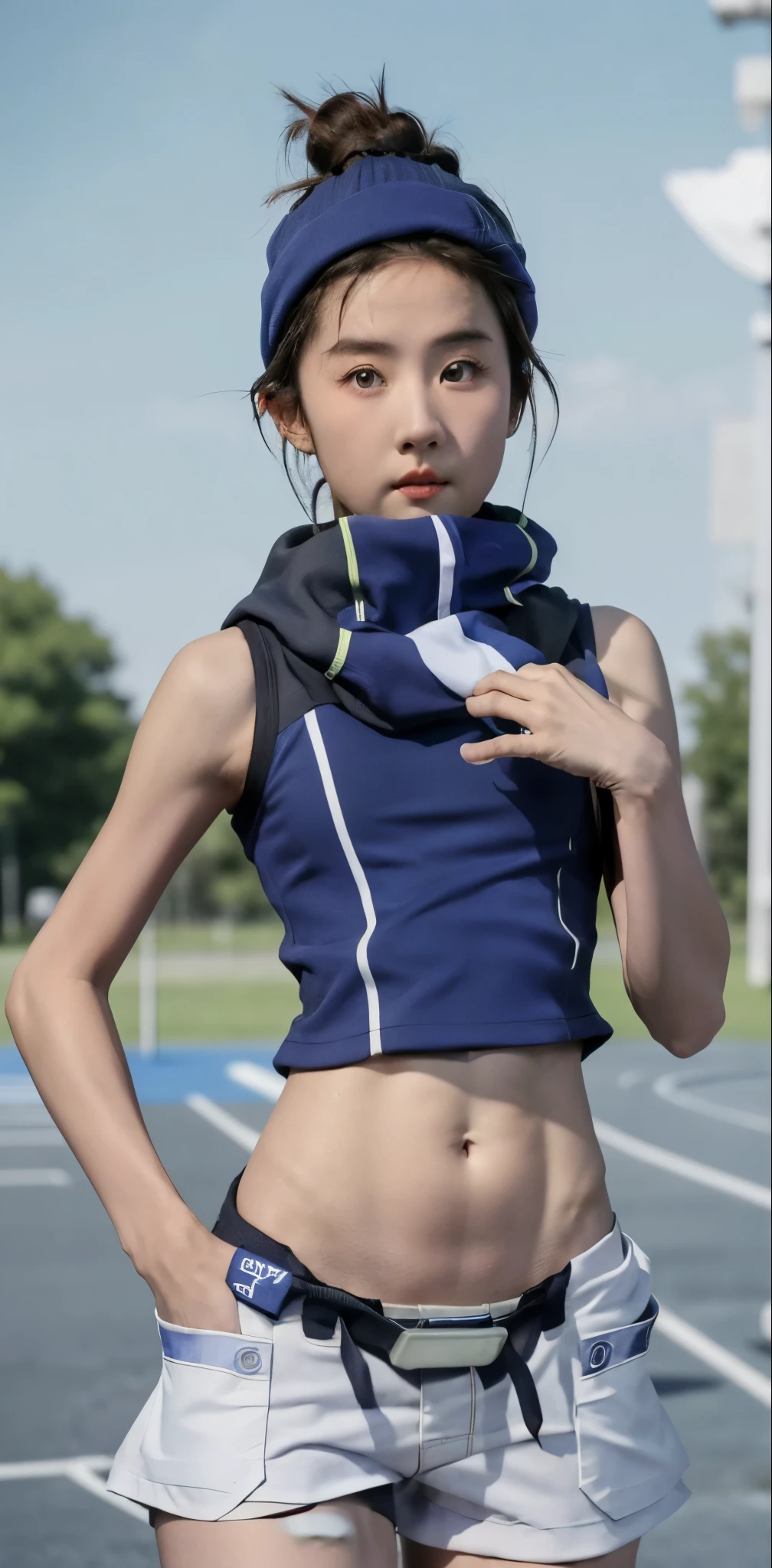 Running girl，On the playground，track and field athlete，White track vest，Gray blue sports shorts，She exposes her navel，skin shiny，sweat，running posture，Oncoming blue sky and white clouds，realistic，
