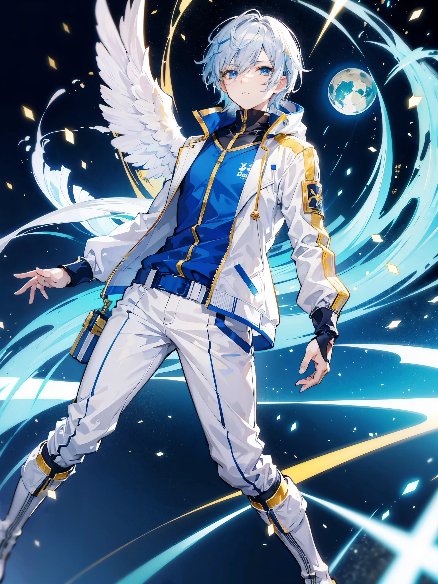 Anime characters，Game CG，8K quality，((young boy))，Youthful feeling，Anime male protagonist，silver hair blue dye，short，straight hair，Squint viewing angle，wing，goggles，((White and gold jumpsuits))，Technical fingerless gloves，(Racing boots)，flight，whole body image，Tech city，scarf，Fingers are normal，angelic，Exquisite facial features，exquisite eyes