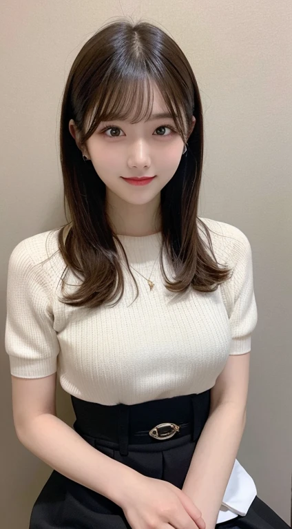 table top, highest quality, shape, Super detailed, finely, High resolution, 8k wallpaper, 完璧なダイナミックな構shape, beautiful and detailed eyes, medium hair,,natural color lip, smile,20 year old girl、cute、sexy shot looking at camera，skirt,Randomly dress up as a model for a women's fashion magazine，Osaka，ponytail